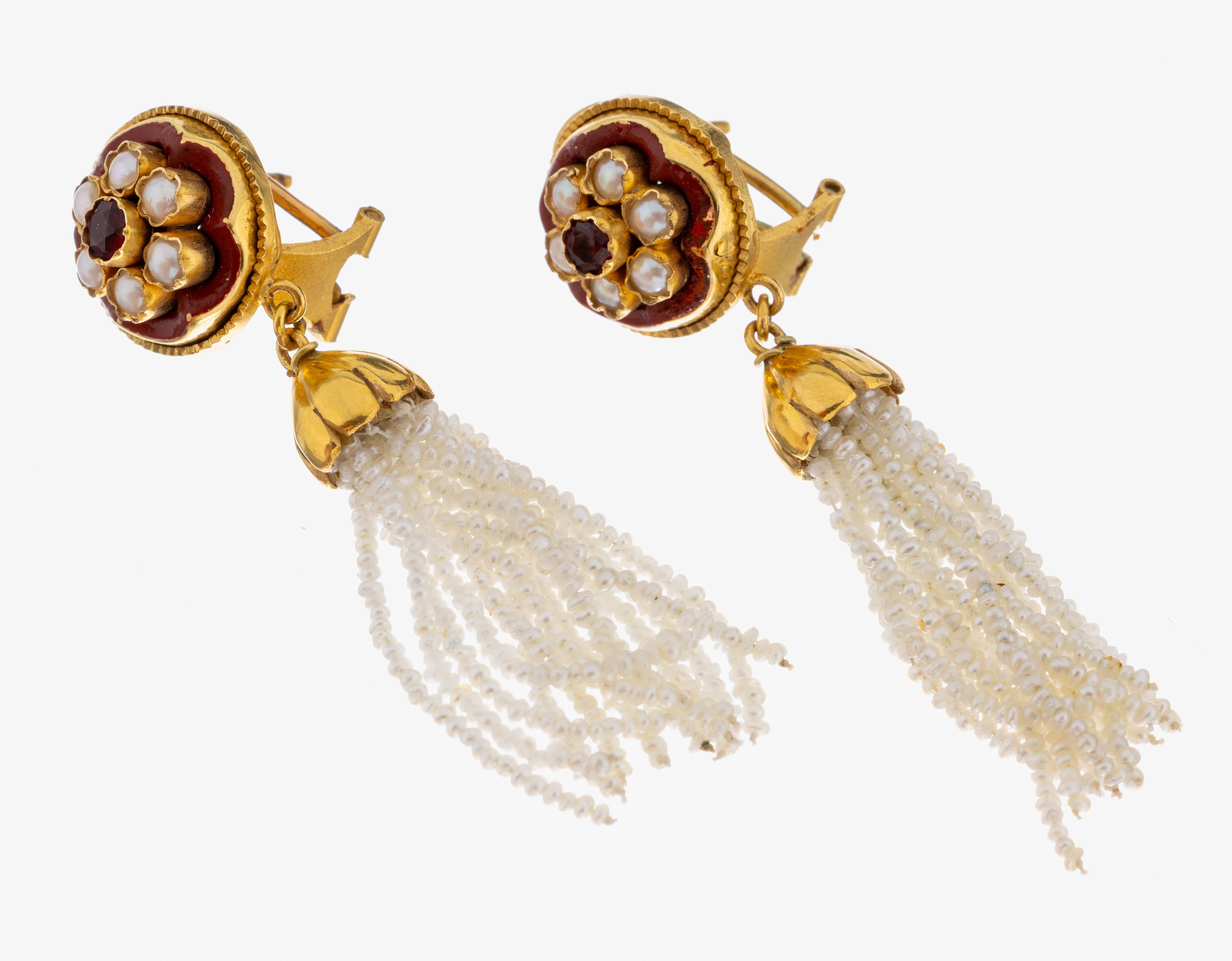 Image 27055199 - Paar 18 kt Gold Perl-Granat-Ohrgehänge, GG 750/000, Besatz mit Halbperlen, kl. facett. ...