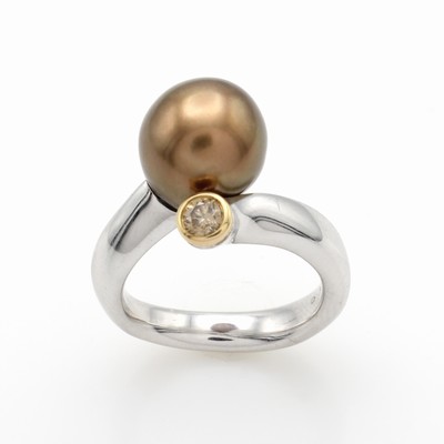 27055143a - Rig mit Tahitizuchtperle und Brillant, WG/GG750/000, Brill. ca. 0.15 ct braun/si, braune ...