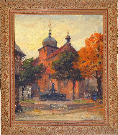 27055156k - August Croissant, 1870-1941 Landau, Blick auf die St. Georgskirche in Wachenheim, Öl/ ...