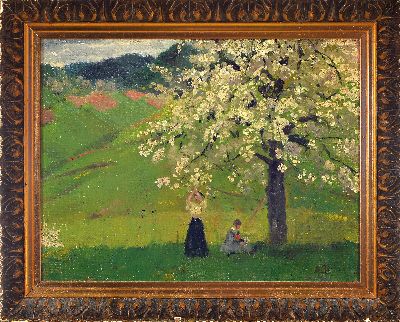 27055157k - August Croissant, 1870-1941 Landau, Zwei junge Frauen unter einem blühenden Baum auf ...