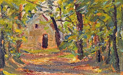 Image Otto Dill, 1884 Neustadt-1957 Bad Dürkheim, Haus im Wald, verso auf altem Etikett so ...