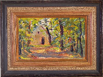 27055161k - Otto Dill, 1884 Neustadt-1957 Bad Dürkheim, Haus im Wald, verso auf altem Etikett so ...