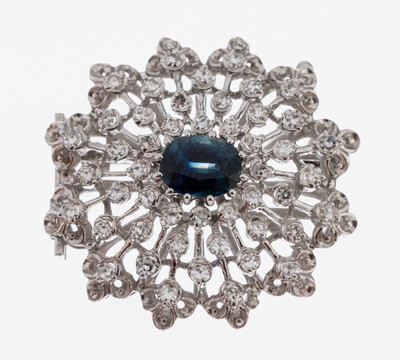 Image 14 kt Gold Saphir-Diamant-Brosche, WG 585/000 gepr., ovalfacett. Saphir ca. 1.0 ct, ...