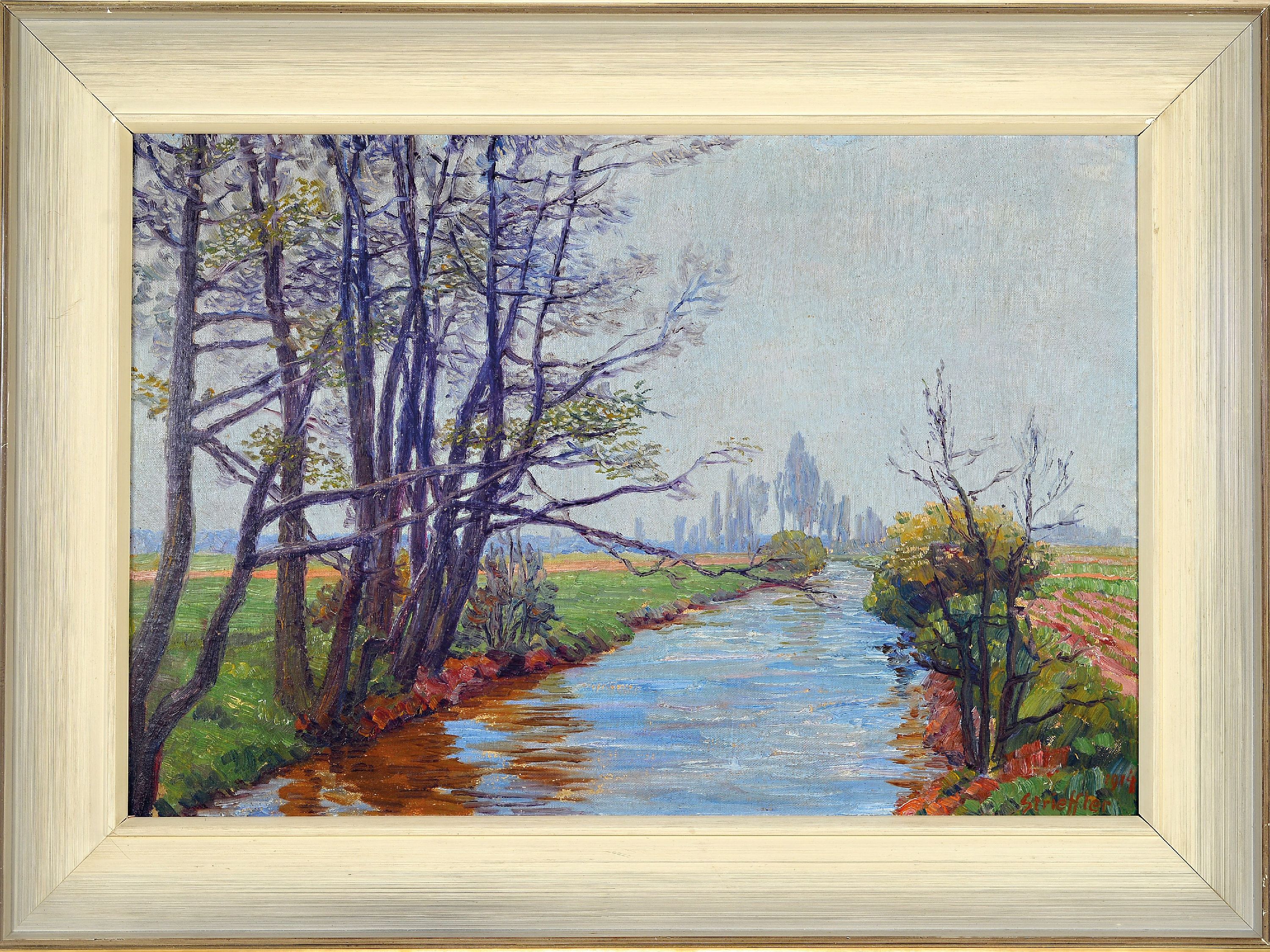 Detail k: Heinrich Strieffler, 1872 Neustadt-1949 Landau, Vorfrühling an der Queich, Öl/Karton, rechts unten signiert und datiert 1914, ca. 34x 51 cm, Rahmen ...