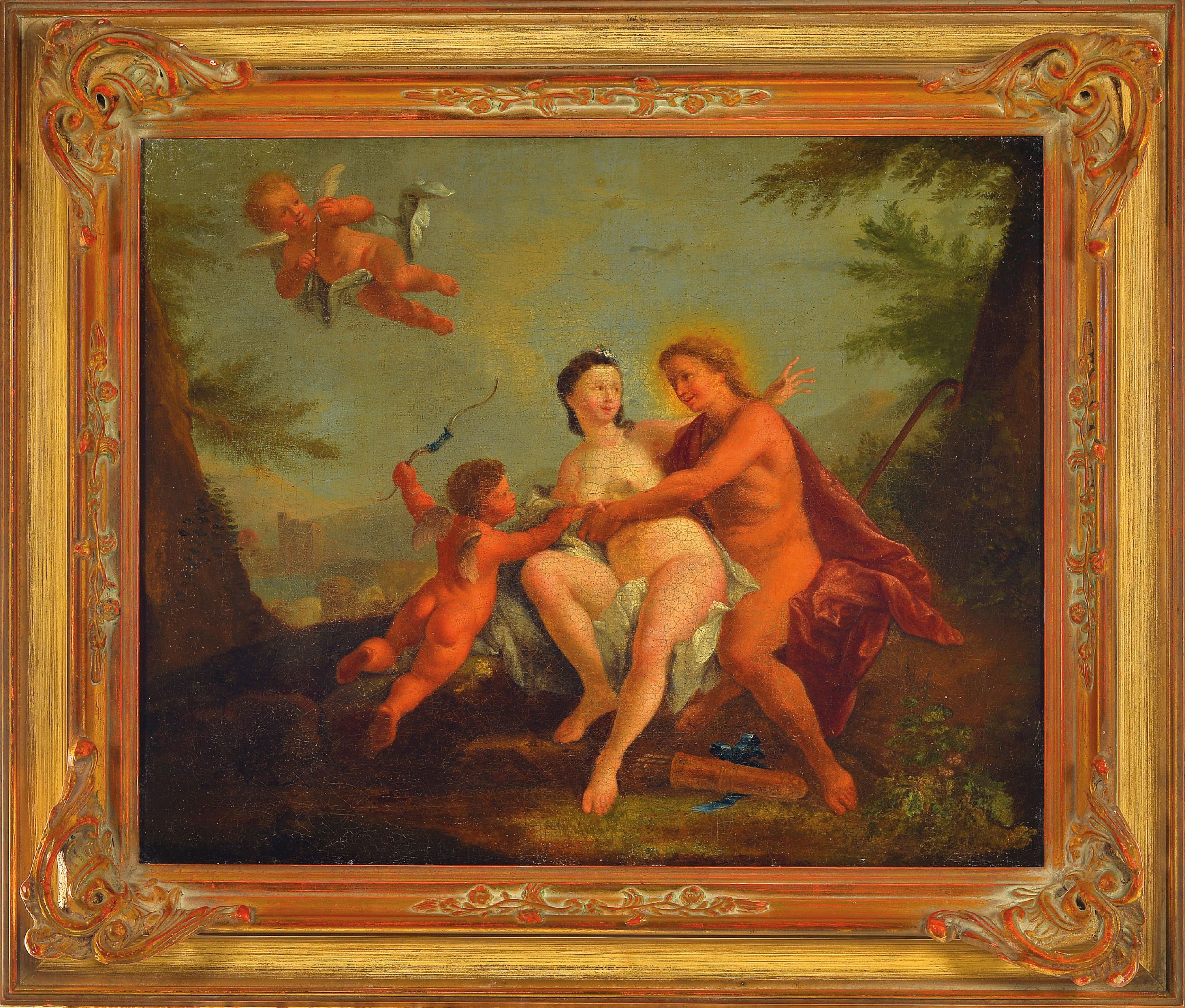 Detail k: Unbekannter Maler, wohl Frankreich, um 1700, Paris und Venus, Öl/Lwd, doubliert und restauriert wohl im 18. Jh., ca. 34x42cm, mit Technologischem ...