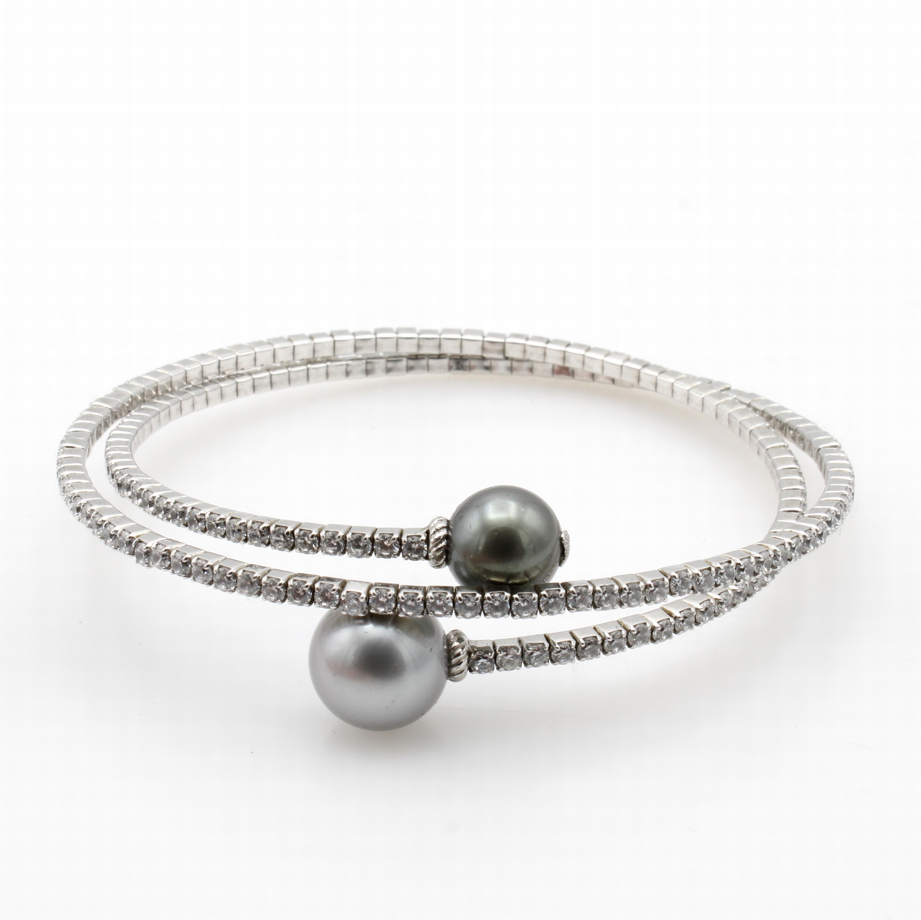 Image 27056471 - Flexible Armspange mit Tahitizuchtperlen und Zirkonia, 925er Silber, 3-rhg. Design