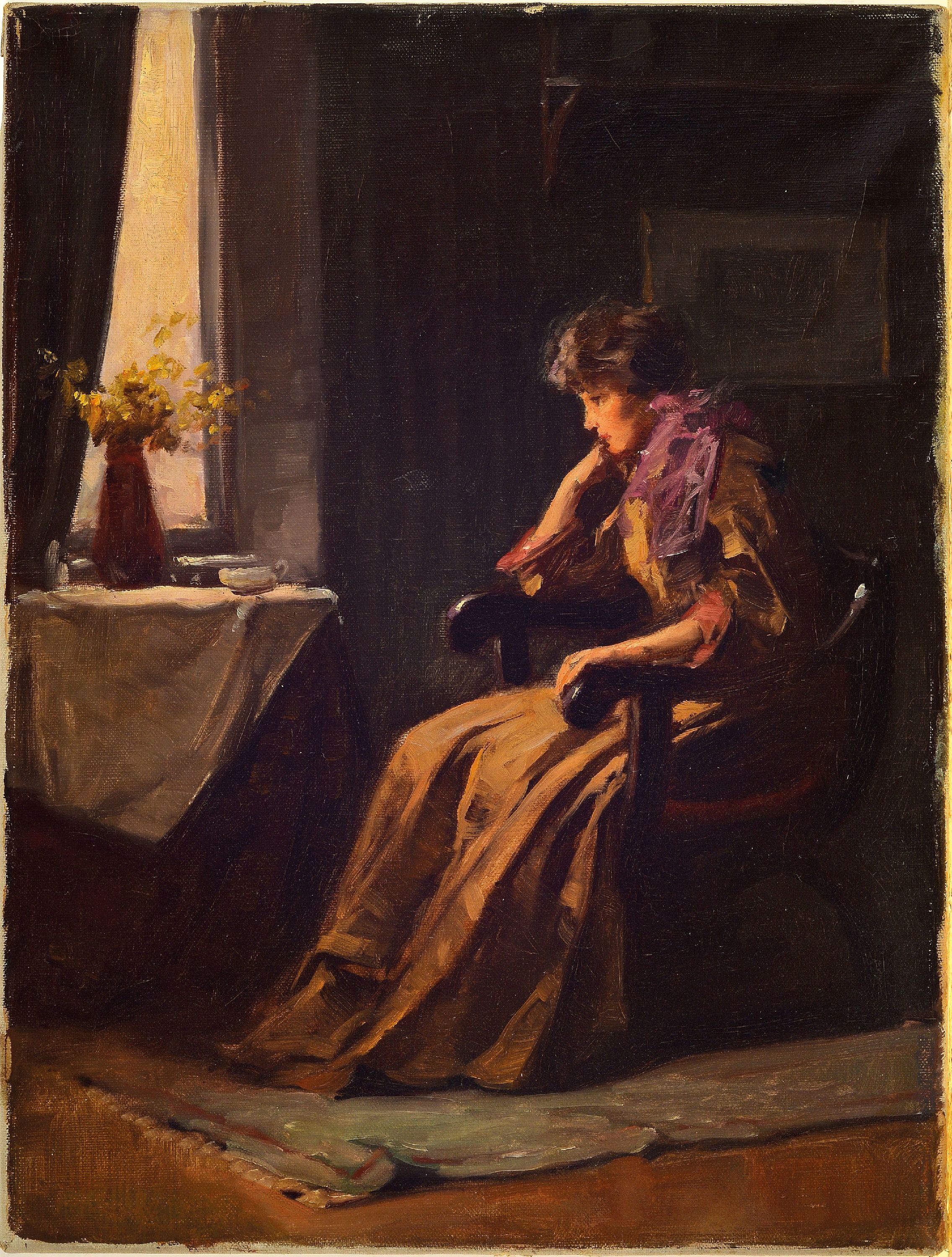 Detail k: Endre Komaromi-Kacz, 1880-1969, Junge Frau im Lehnstuhl, versonnen aus dem Fenster blickend, Öl/Lwd, links unten kaum lesbar signiert, ca. 44x34cm, ...