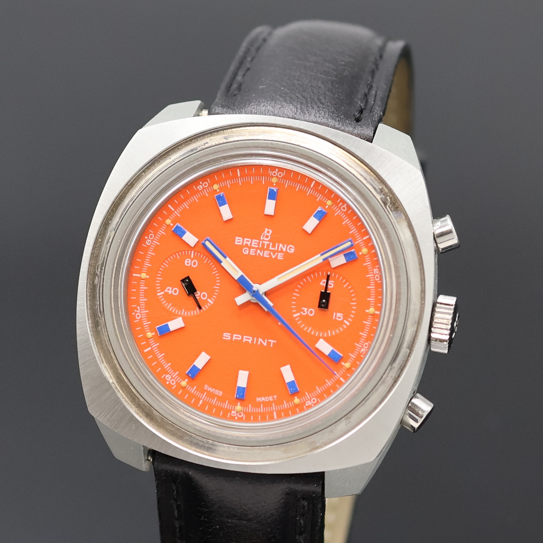 Detail a: BREITLING Sprint seltener Armbandchronograph Referenz 2016, Schweiz um 1970, Handaufzug, Kunstharz-Geh., oranges Ziffebl. m. aufges. Std.-Ind., ...