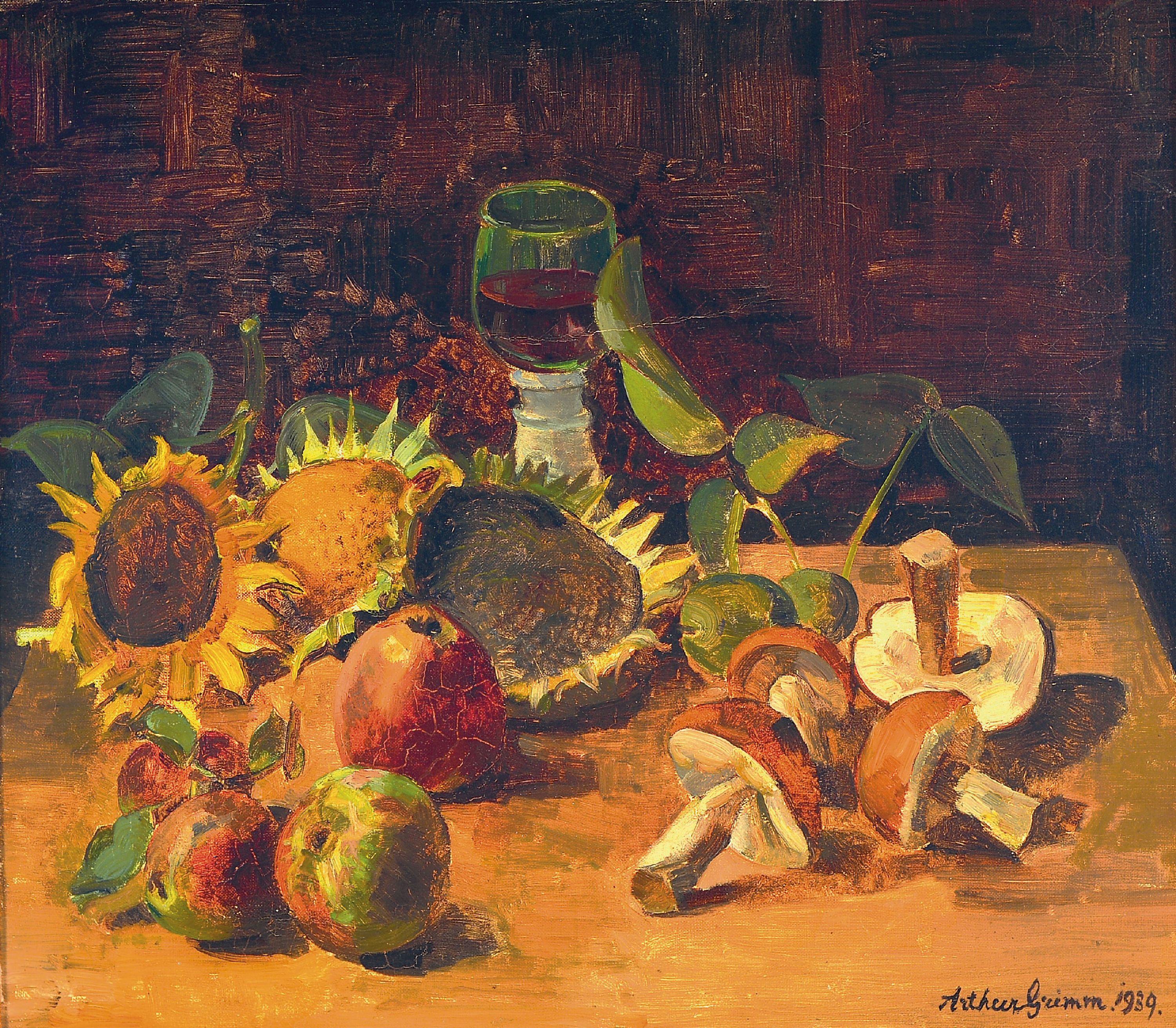 Image 27056618 - Arthur Grimm, 1883 Mudau-1948 Karlsruhe, Stillleben mit Sonnenblumen, Äpfeln, Pilzen u. ...
