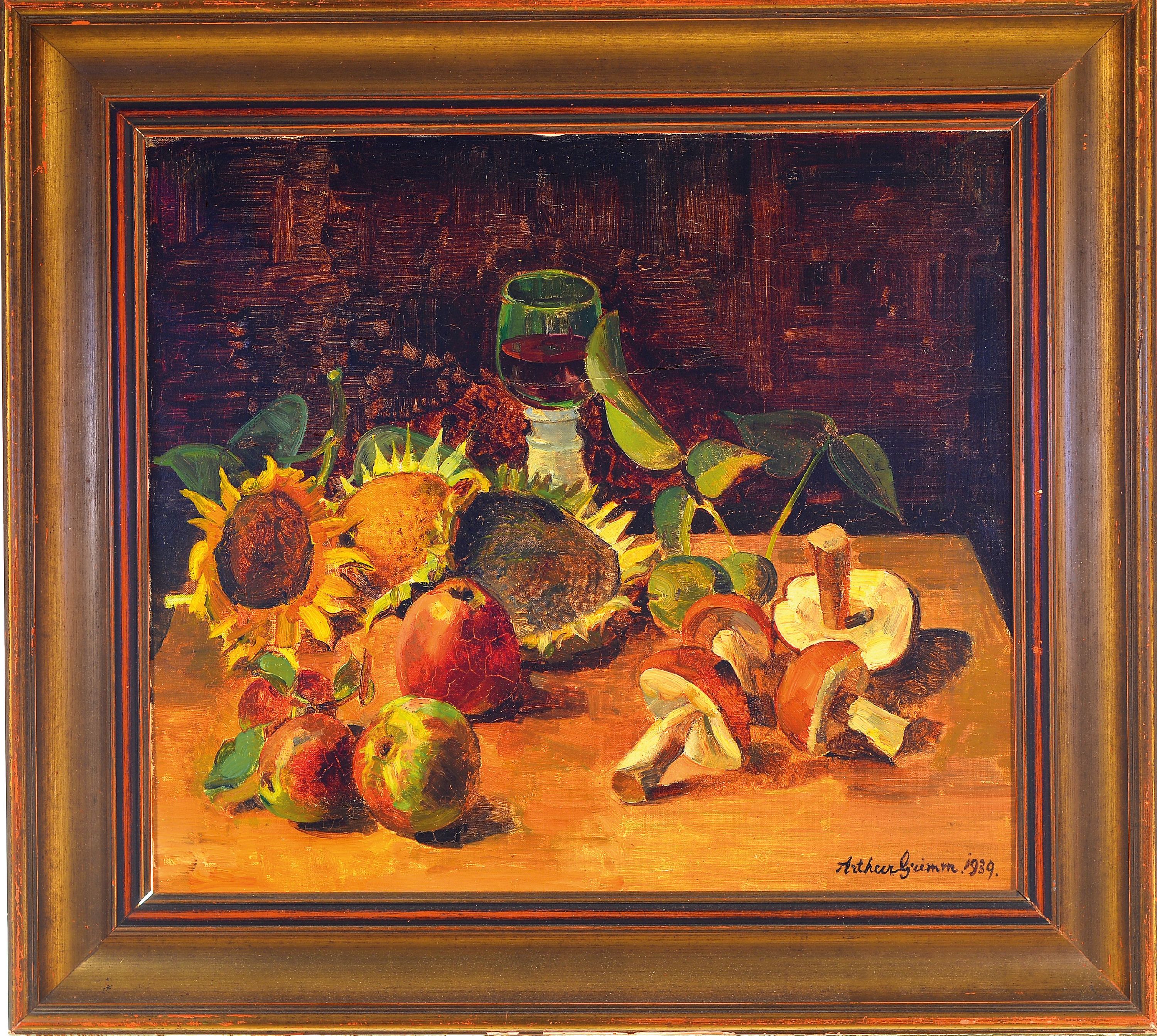 Detail k: Arthur Grimm, 1883 Mudau-1948 Karlsruhe, Stillleben mit Sonnenblumen, Äpfeln, Pilzen u. Weinglas, Öl/Lwd., re. unten sign. und dat. 1939, ...