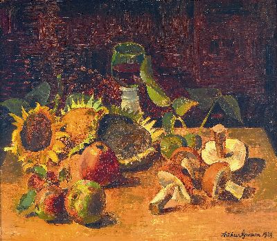 Image Arthur Grimm, 1883 Mudau-1948 Karlsruhe, Stillleben mit Sonnenblumen, Äpfeln, Pilzen u. ...