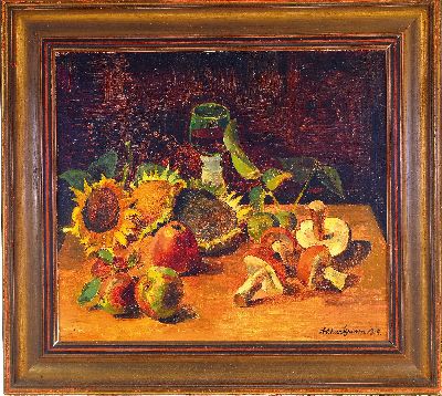 27056618k - Arthur Grimm, 1883 Mudau-1948 Karlsruhe, Stillleben mit Sonnenblumen, Äpfeln, Pilzen u. ...