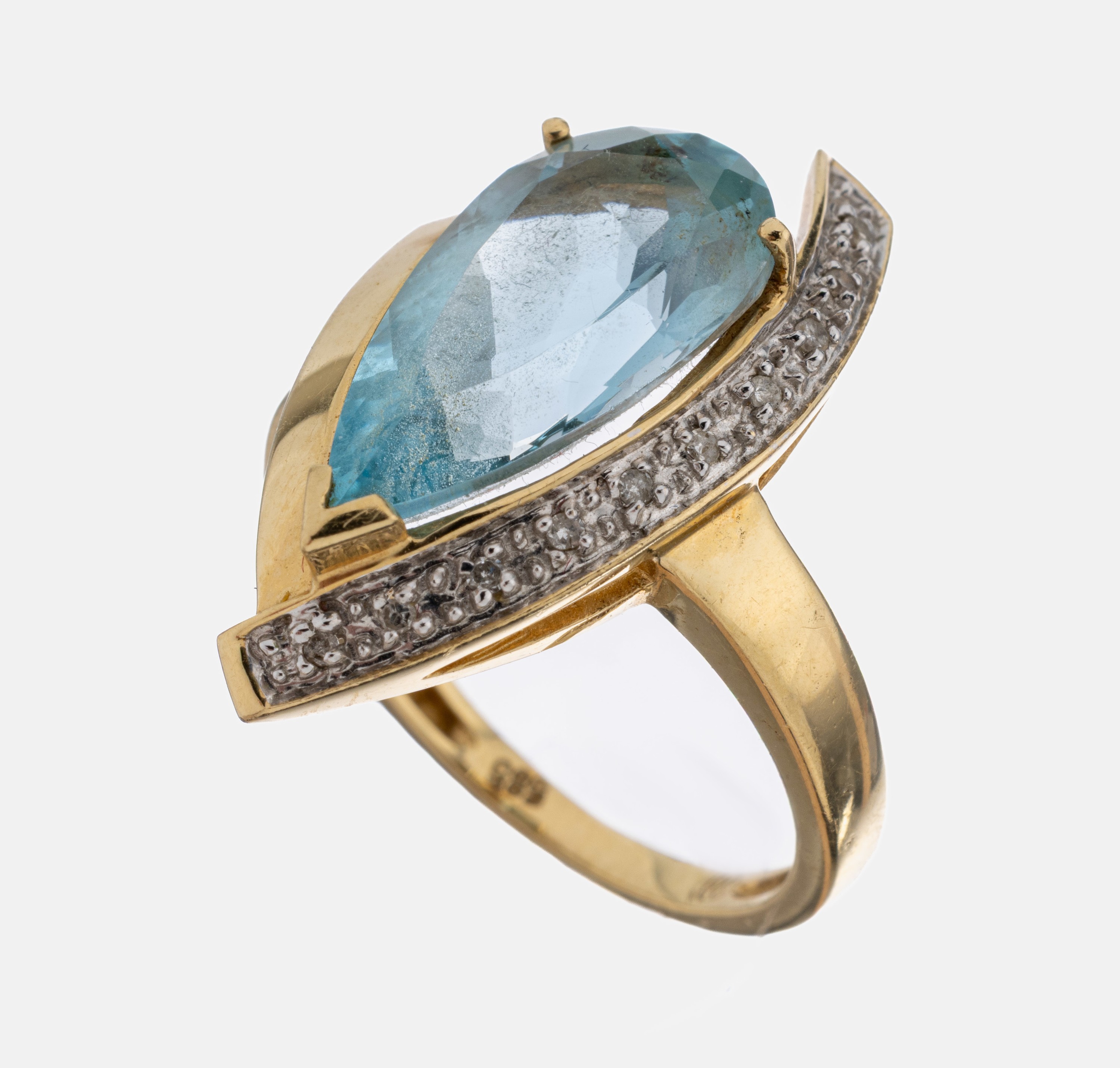 Image 27056718 - 14 kt Gold Topas-Diamant-Ring, GG 585/000, facett. tropfenf. Blautopas (beh.) ca. 6.80 ...