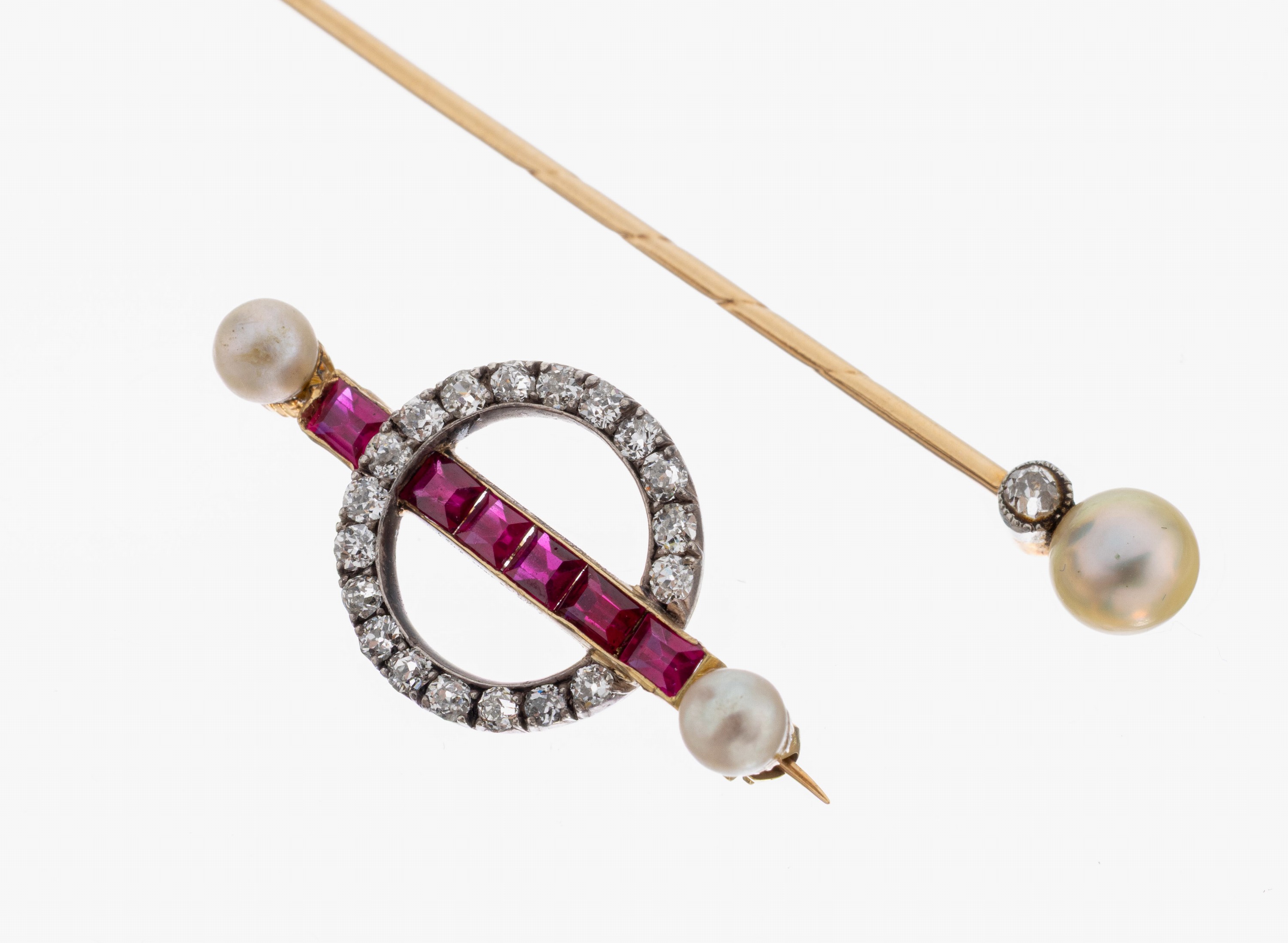 Image 27056719 - 14 kt Gold Konvolut Brosche und Nadel mit Farbsteinen und Diamanten, GG 585/000, um ...