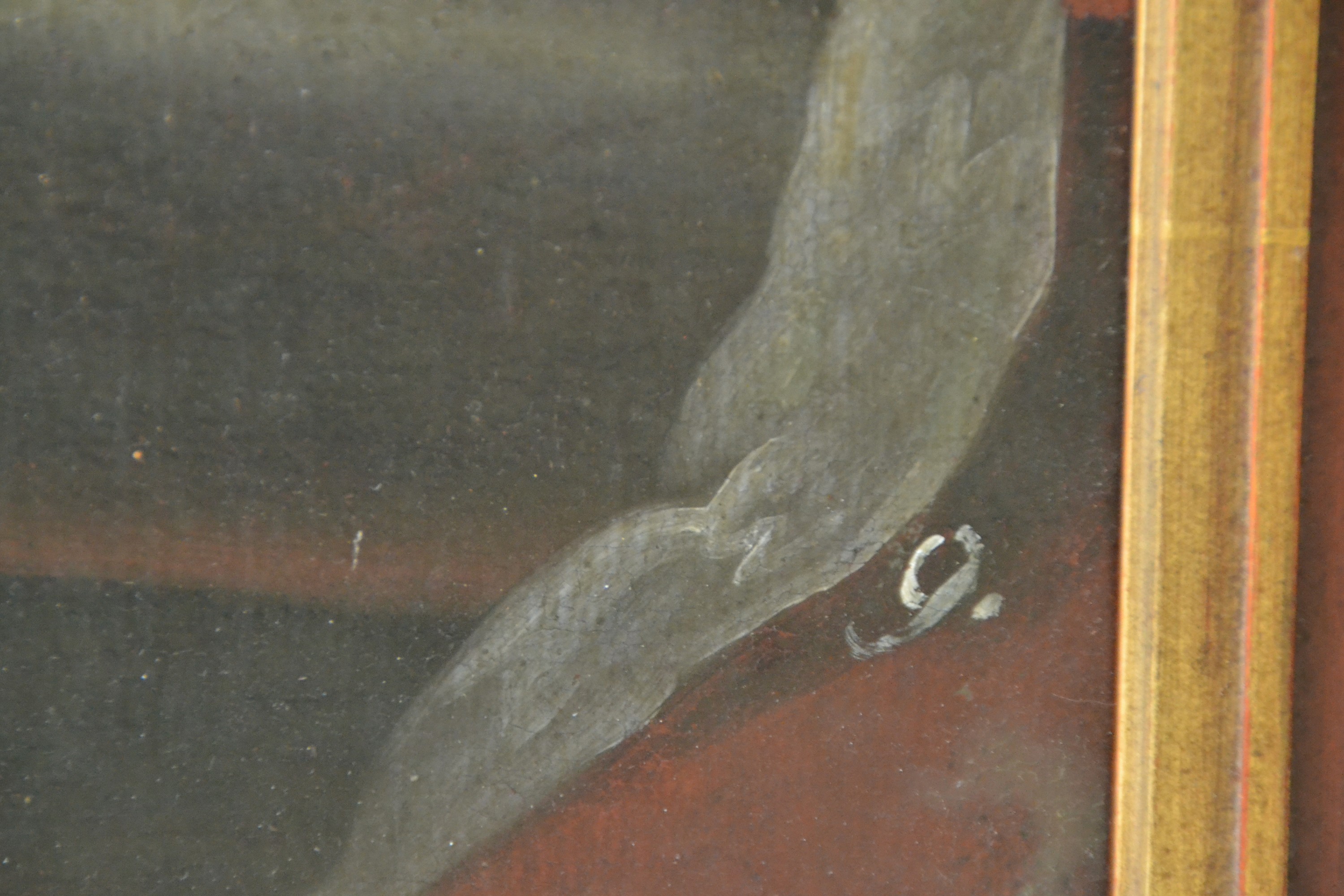 Detail d: Unbekannter Künstler des 18. Jh., Porträt eines Mannes in Rüstung mit rotem Mantel, Orden und Perücke, Öl/Lwd, auf Holz doubliert, restauriert, ...