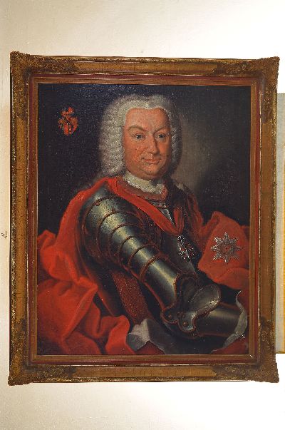 27057072k - Unbekannter Künstler des 18. Jh., Porträt eines Mannes in Rüstung mit rotem Mantel, ...