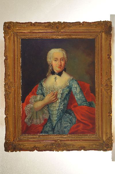 27057073k - Unbekannter Porträtist des 18. Jh., Porträt einer Dame in hellblauem Kleid mit weißem ...