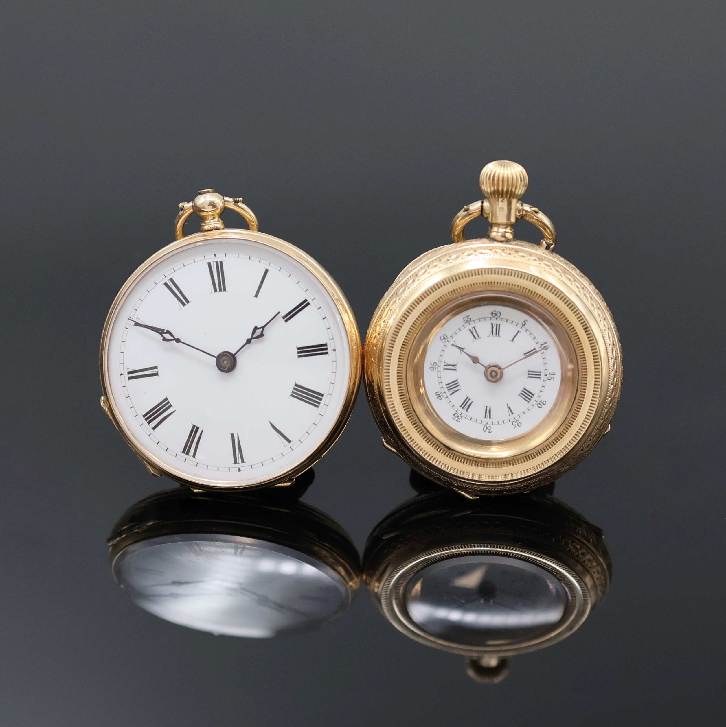 Image 27057426 - 2 Offene Taschenuhren in GG 585/000, Schweiz um 1890/1910, 1x Schlüsselaufzug, teils ...