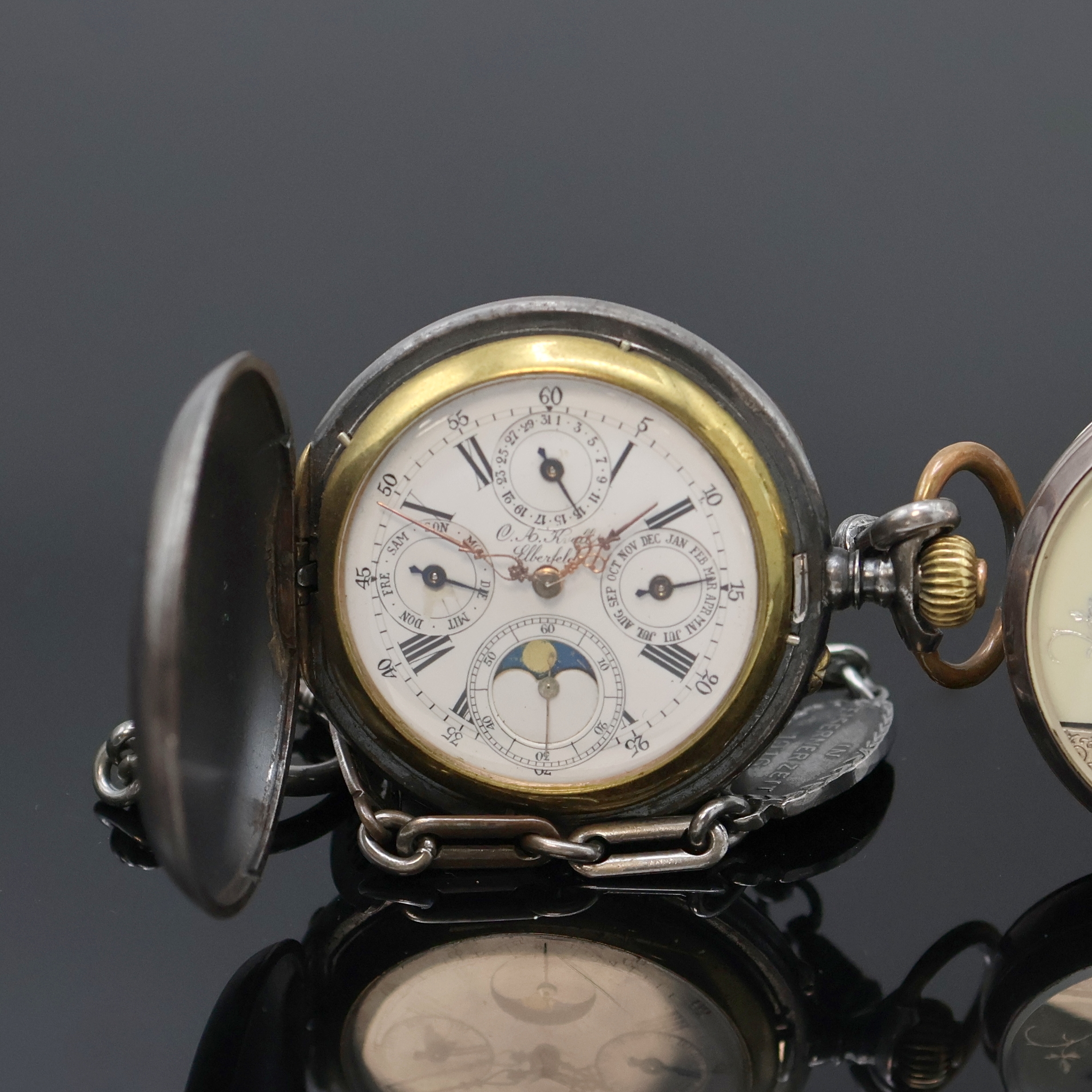 Detail a: HEBDOMAS 8 Tage Taschenuhr sowie eine Savonette mit Kalender, Schweiz/England um 1910/1915, 1.) Hebdomas im englischen Sterlingsilber Geh. (dell.), ...