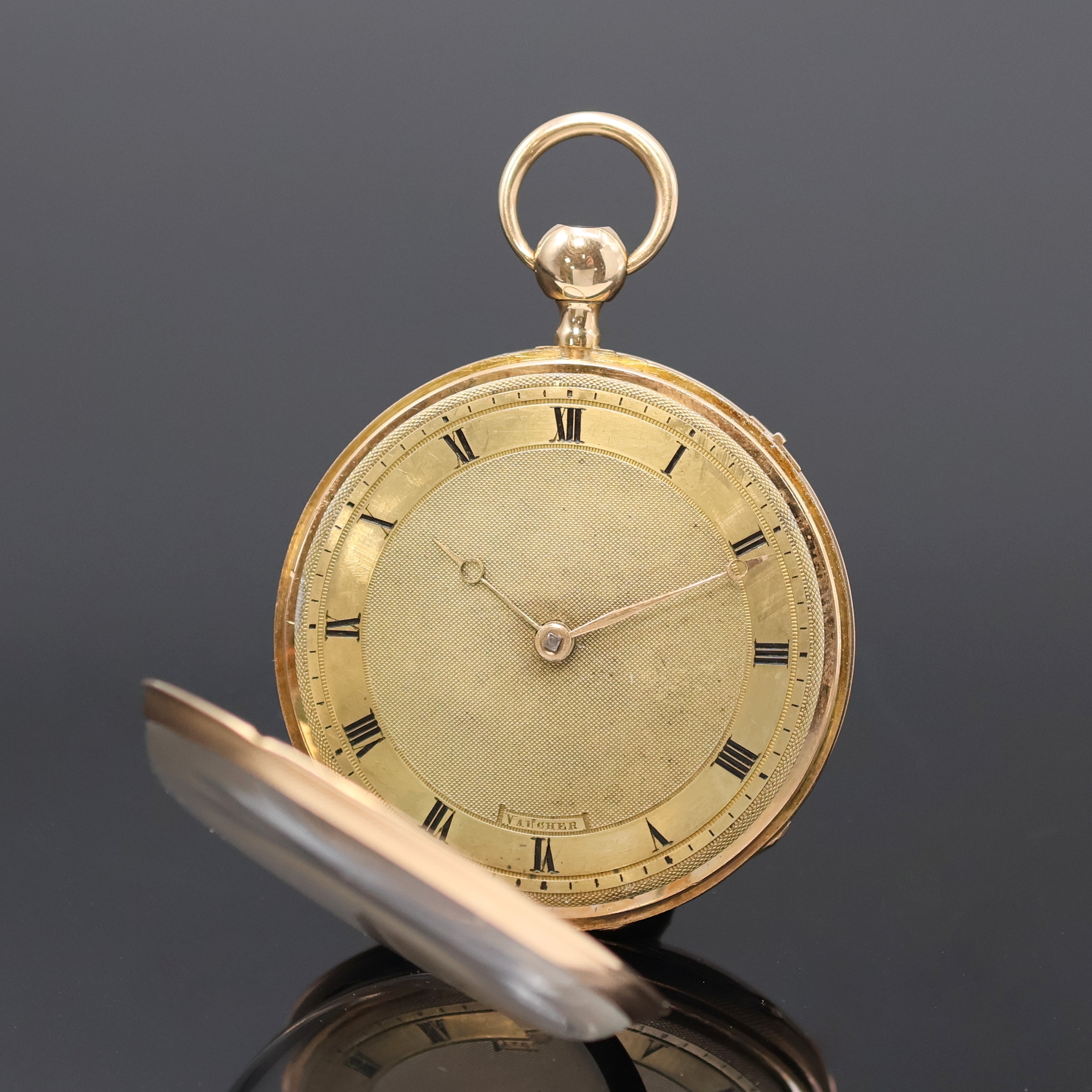 Detail a: VAUCHER offene Spindeltaschenuhr mit 1/4 Stunden-Repetition RG 750/000, Schweiz um 1840, guill. Geh. dell., verg. Cuvette, z.T. guill. Zifferbl. m. ...