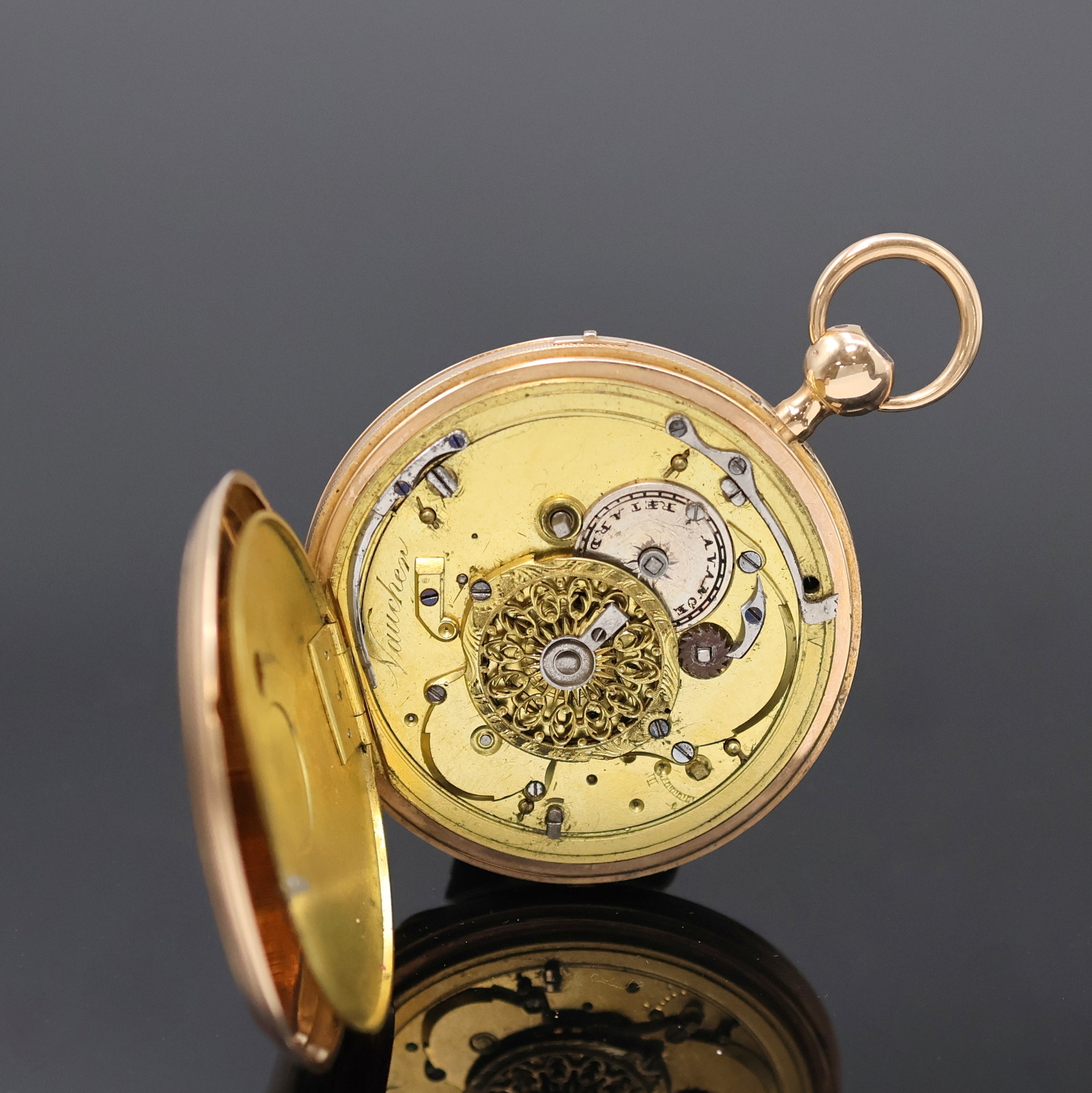 Detail e: VAUCHER offene Spindeltaschenuhr mit 1/4 Stunden-Repetition RG 750/000, Schweiz um 1840, guill. Geh. dell., verg. Cuvette, z.T. guill. Zifferbl. m. ...