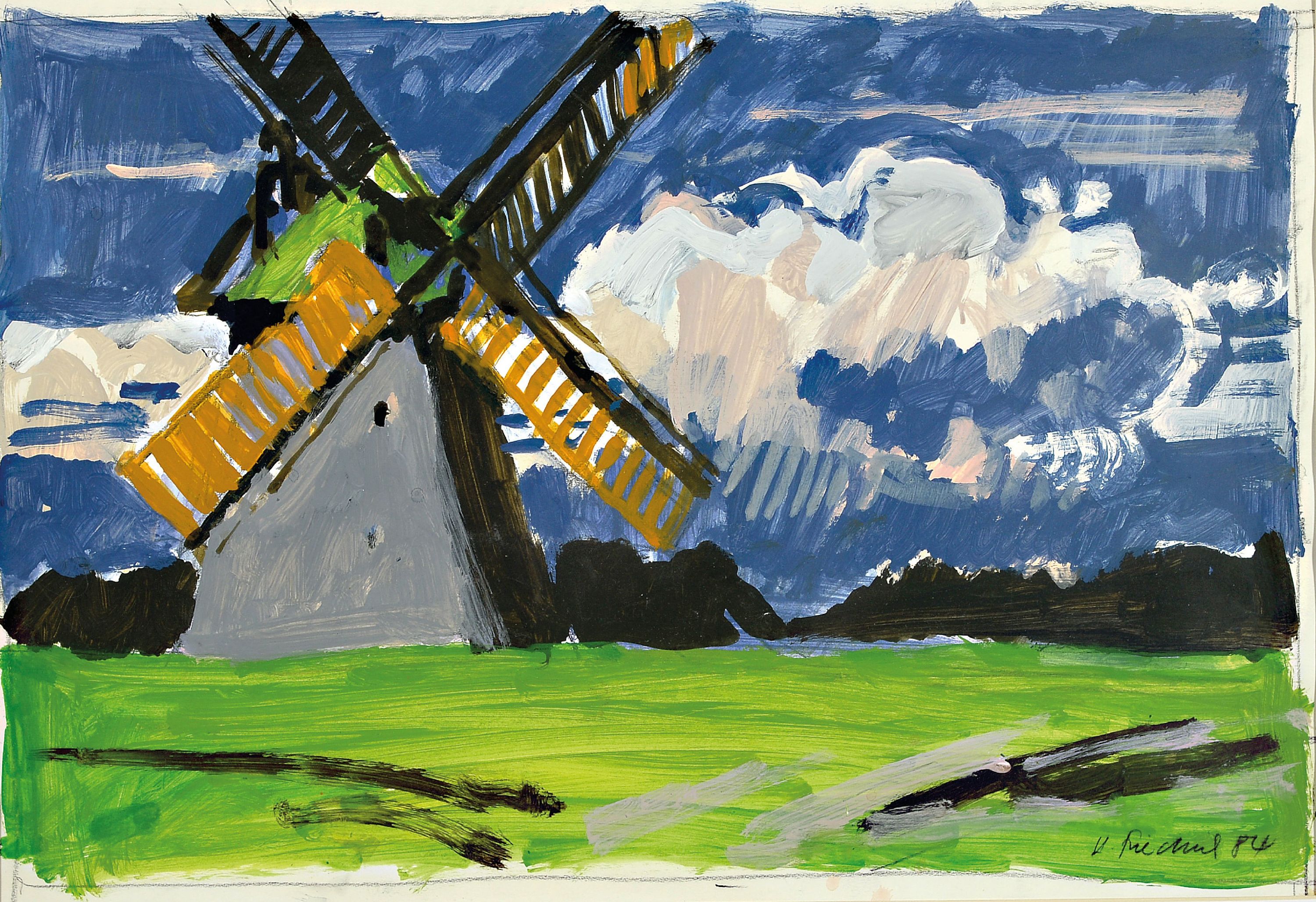 Heinz Friedrich, 1924-2018 Schwetzingen, Landschaft mit Windmühle, Mischtechnik/Papier,rechts unten signiert und datiert 1984, unter Glas gerahmt ...