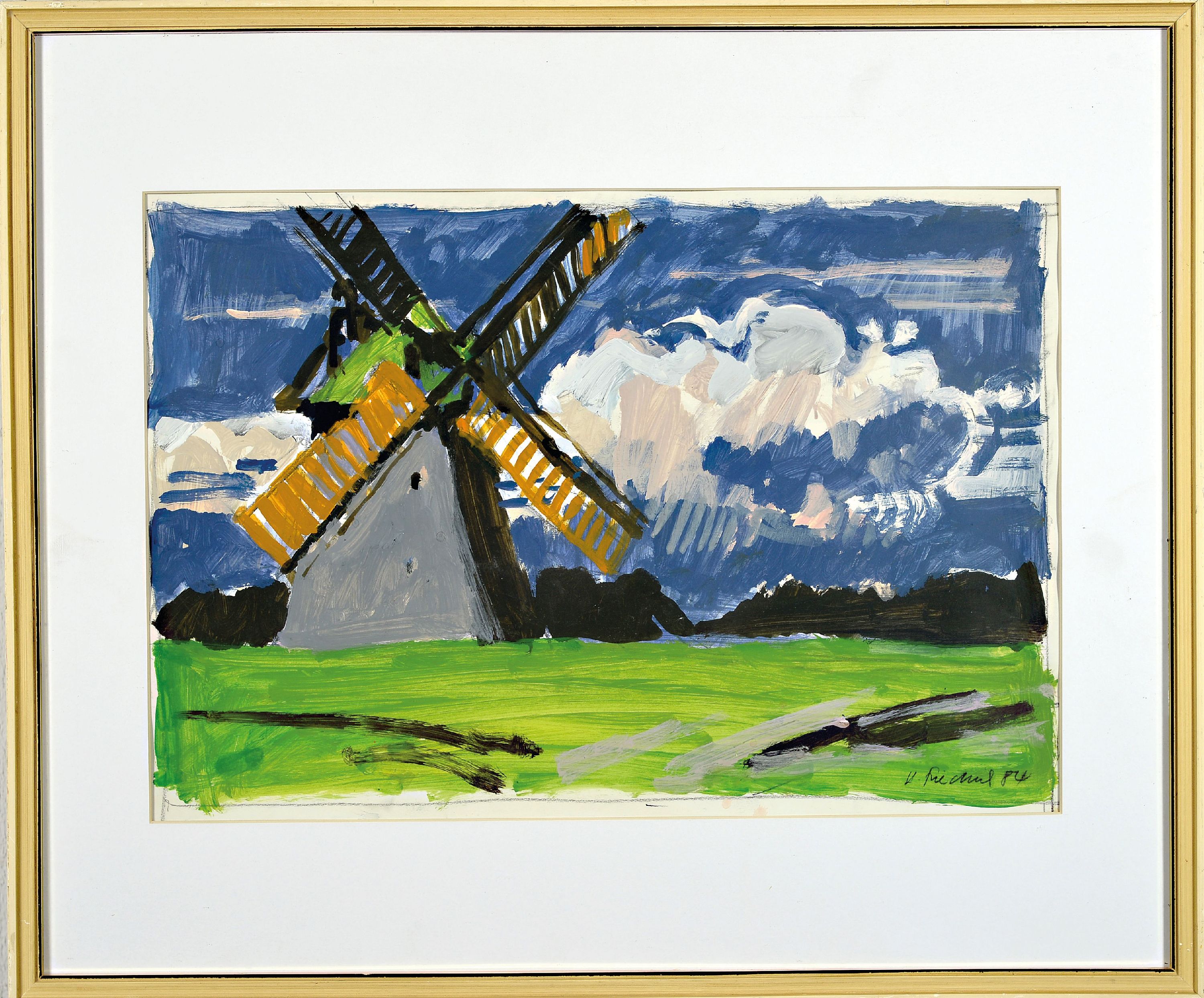 Detail k: Heinz Friedrich, 1924-2018 Schwetzingen, Landschaft mit Windmühle, Mischtechnik/Papier,rechts unten signiert und datiert 1984, unter Glas gerahmt ...