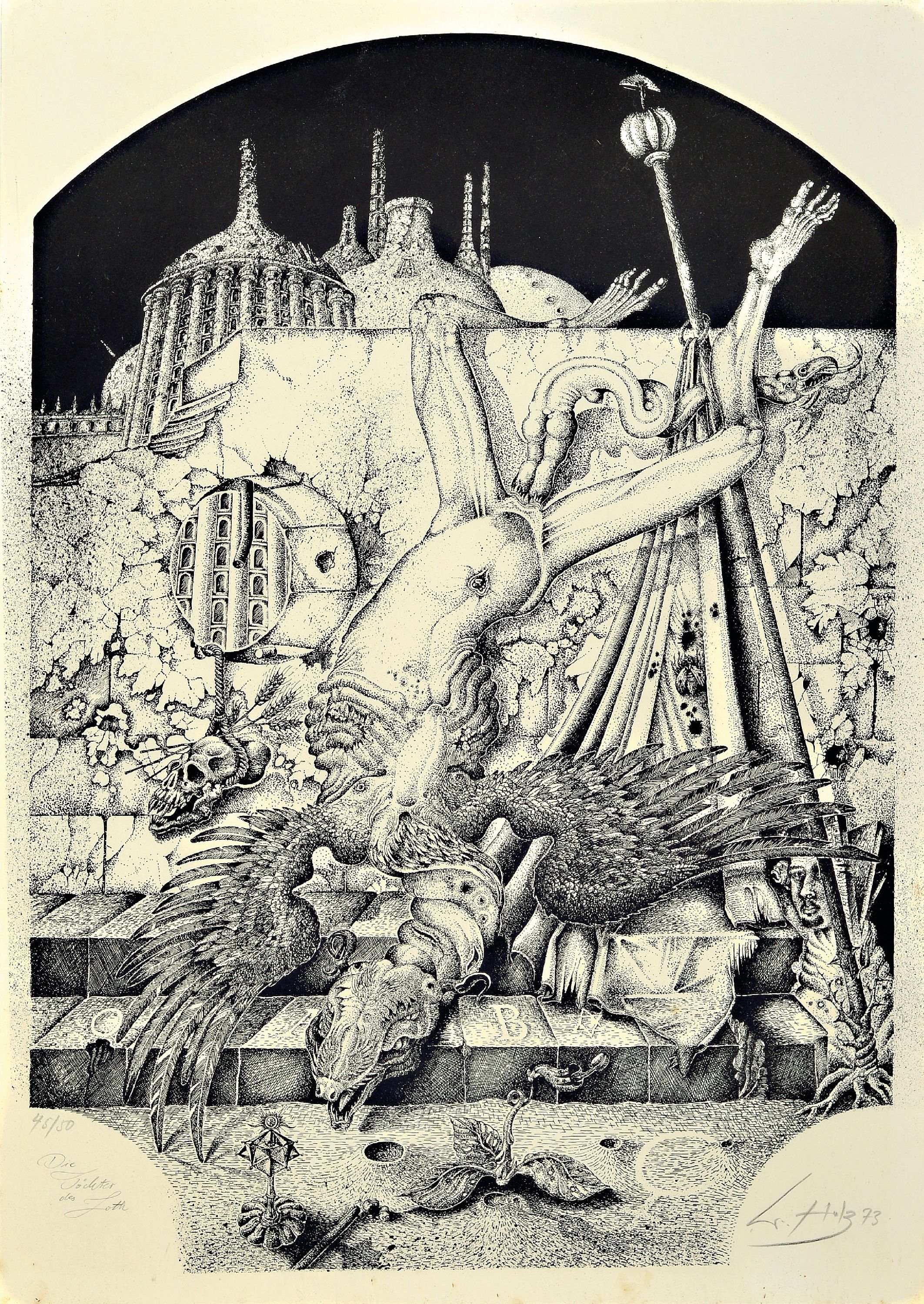 Detail a: Werner Holz, 1948 Grünstadt-1991 Ludwigshafen, Konvolut Zeichnungen und Grafiken, Arbeitsskizze zu größerem Gemälde sog. "Speyerbild" ...