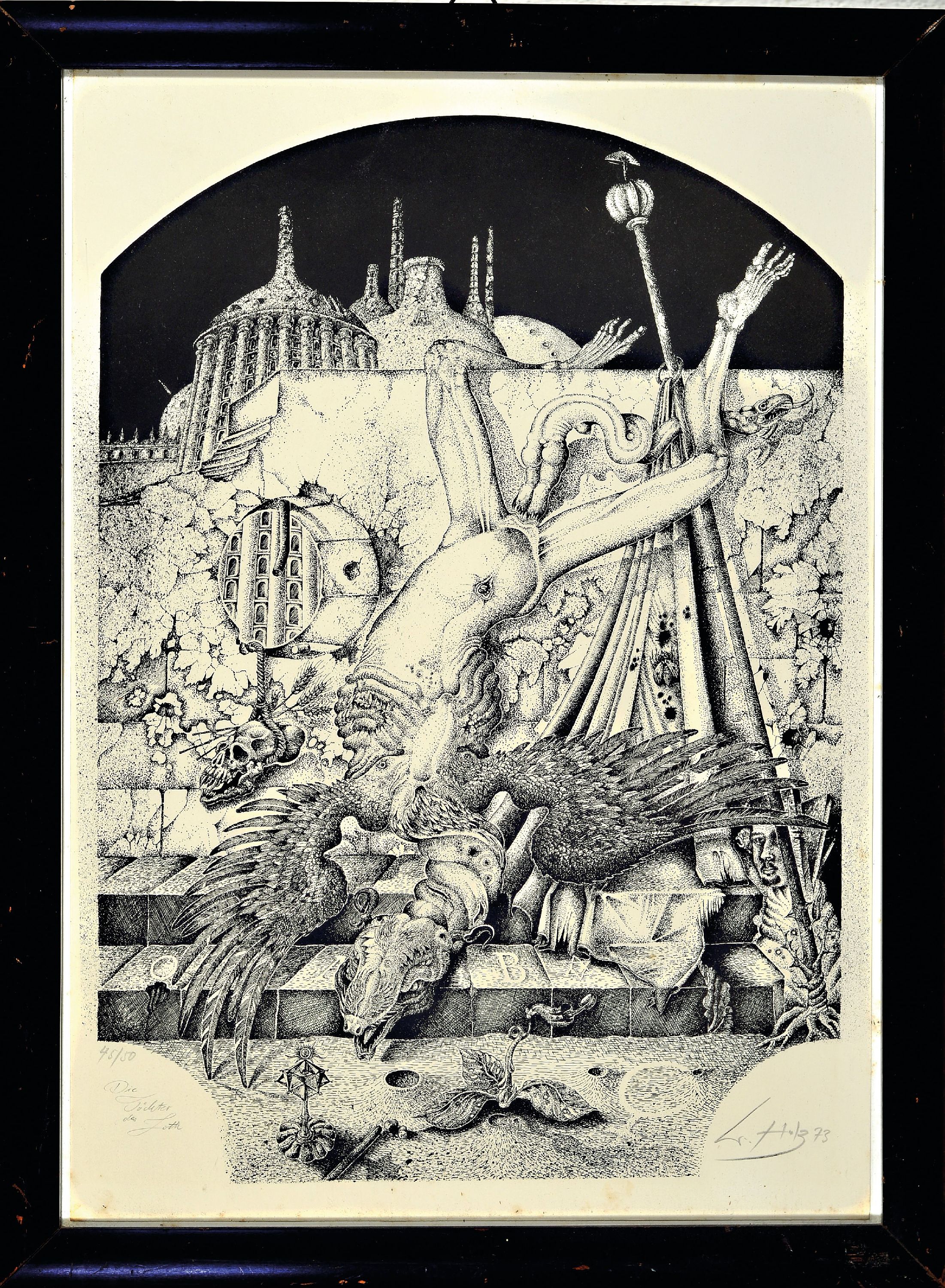 Detail l: Werner Holz, 1948 Grünstadt-1991 Ludwigshafen, Konvolut Zeichnungen und Grafiken, Arbeitsskizze zu größerem Gemälde sog. "Speyerbild" ...