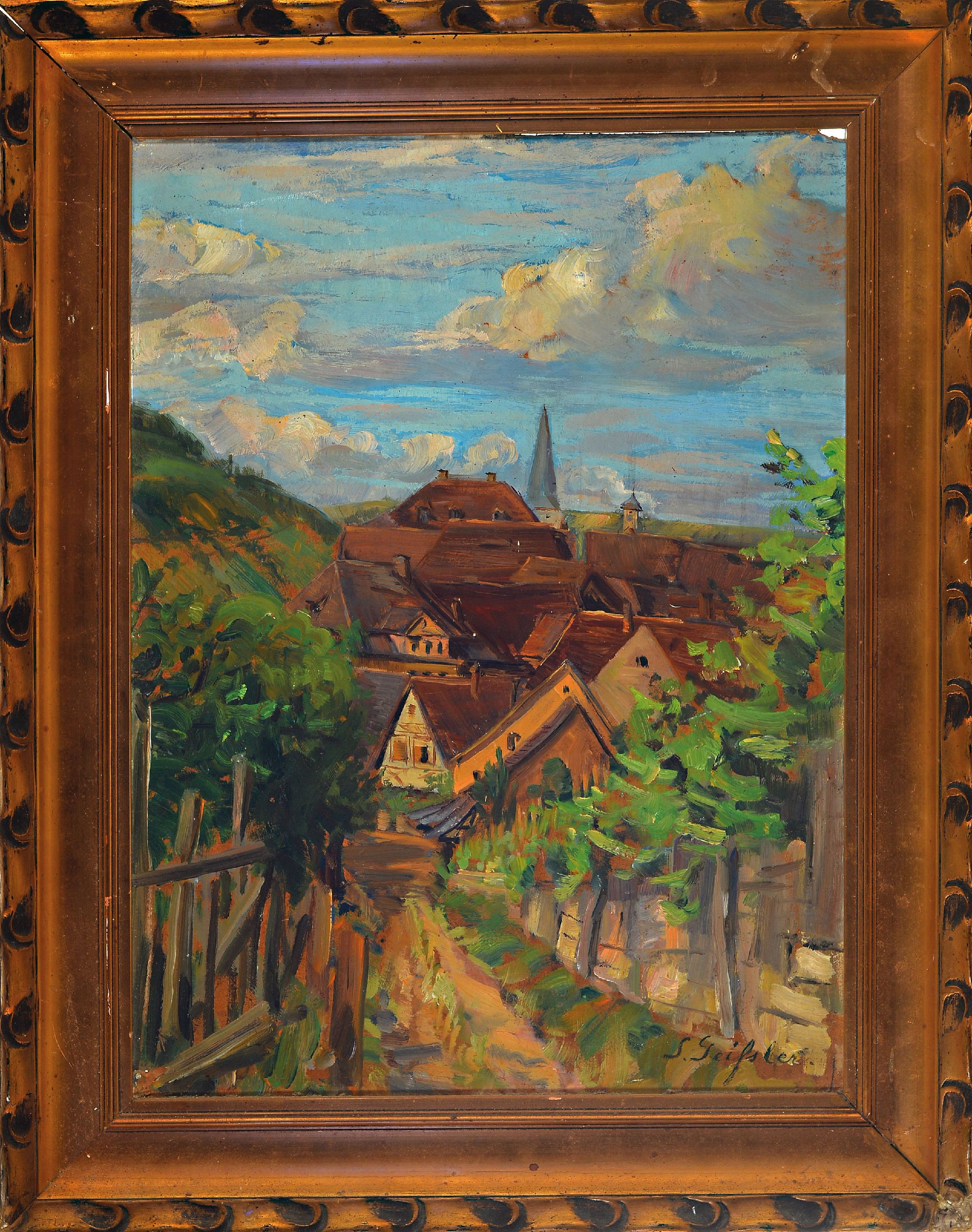 Detail k: Senta Geissler, 1902 Heidelberg-2000, pfälzer Dorf, rechts unten signiert, 52x38 cm,Rahmen 65x50 cm, Ausstellungsetikett Villa Ludwigshöhe 2025