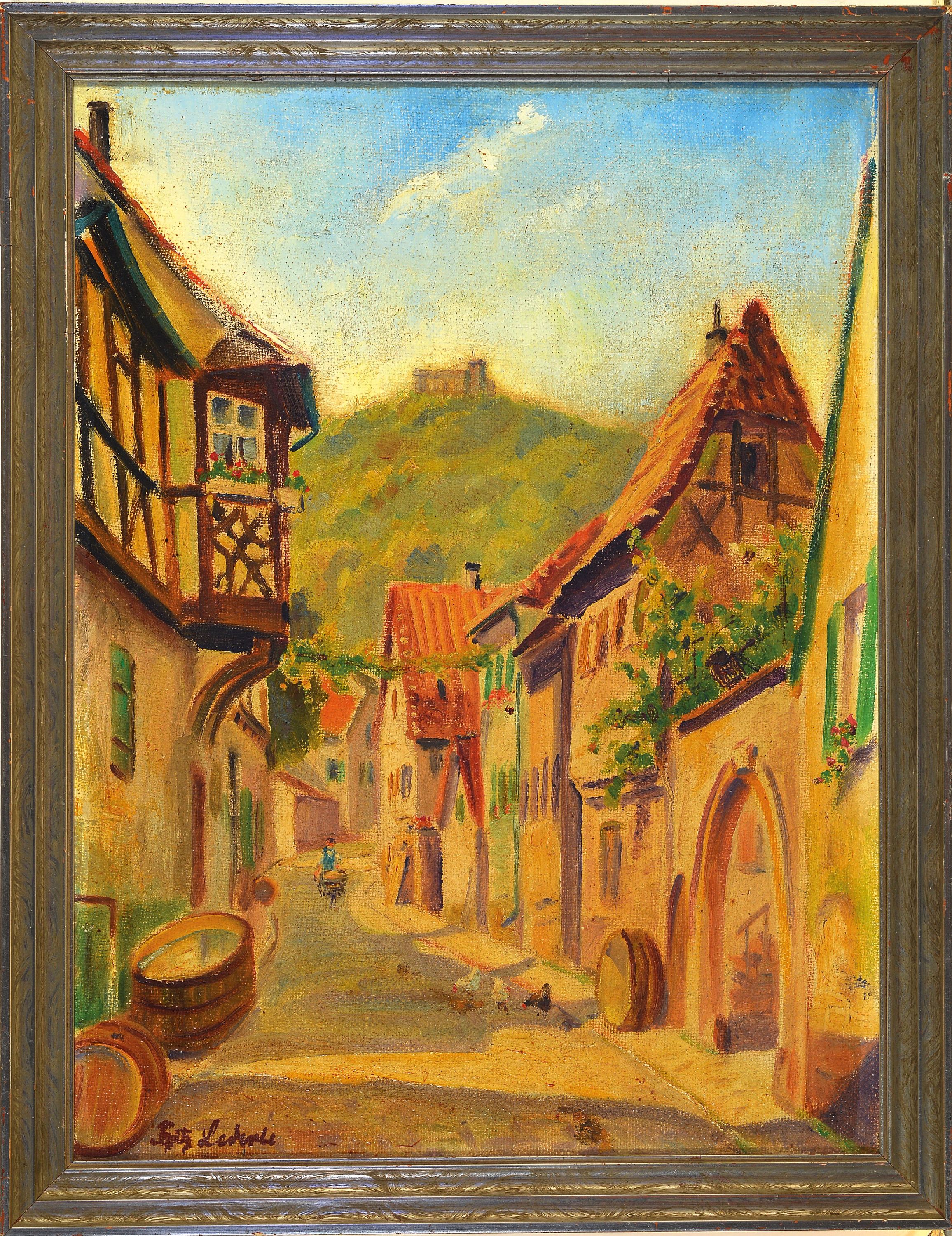 Detail k: Fritz Lederle, 1901-1975 Ludwigshafen, Schloßgasse Hambach mit Blick auf das Hambacher Schloß, links unten signiert, Öl/Lwd, Rahmen 44,5x34cm