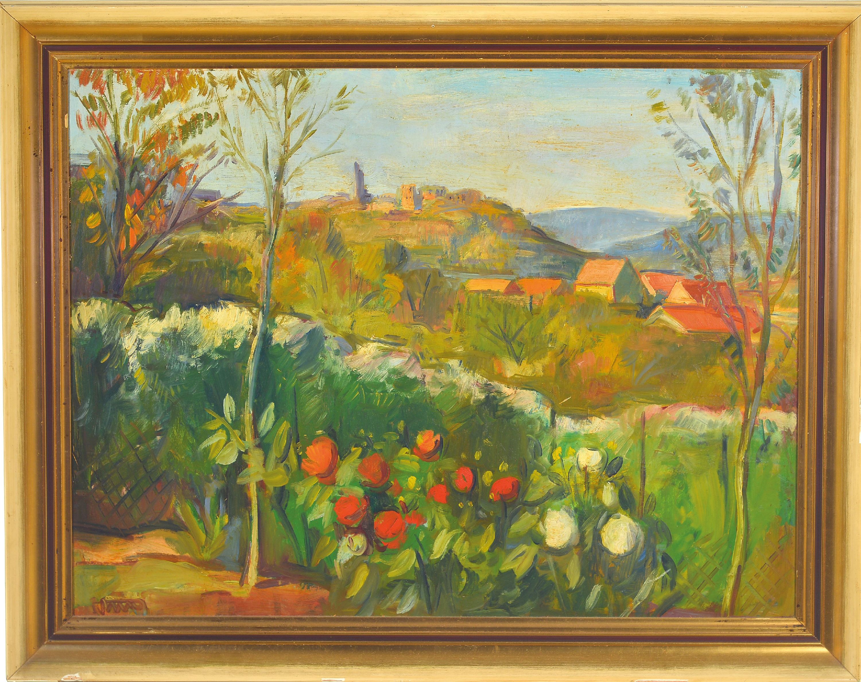 Detail k: Erich Schug, 1906 Ludwigshafen-1982 Bad Dürkheim, Kulturlandschaft mit Blick aufdie Limburg, links unten signiert, Öl/Masonit, 59x76cm, Rahmen ...