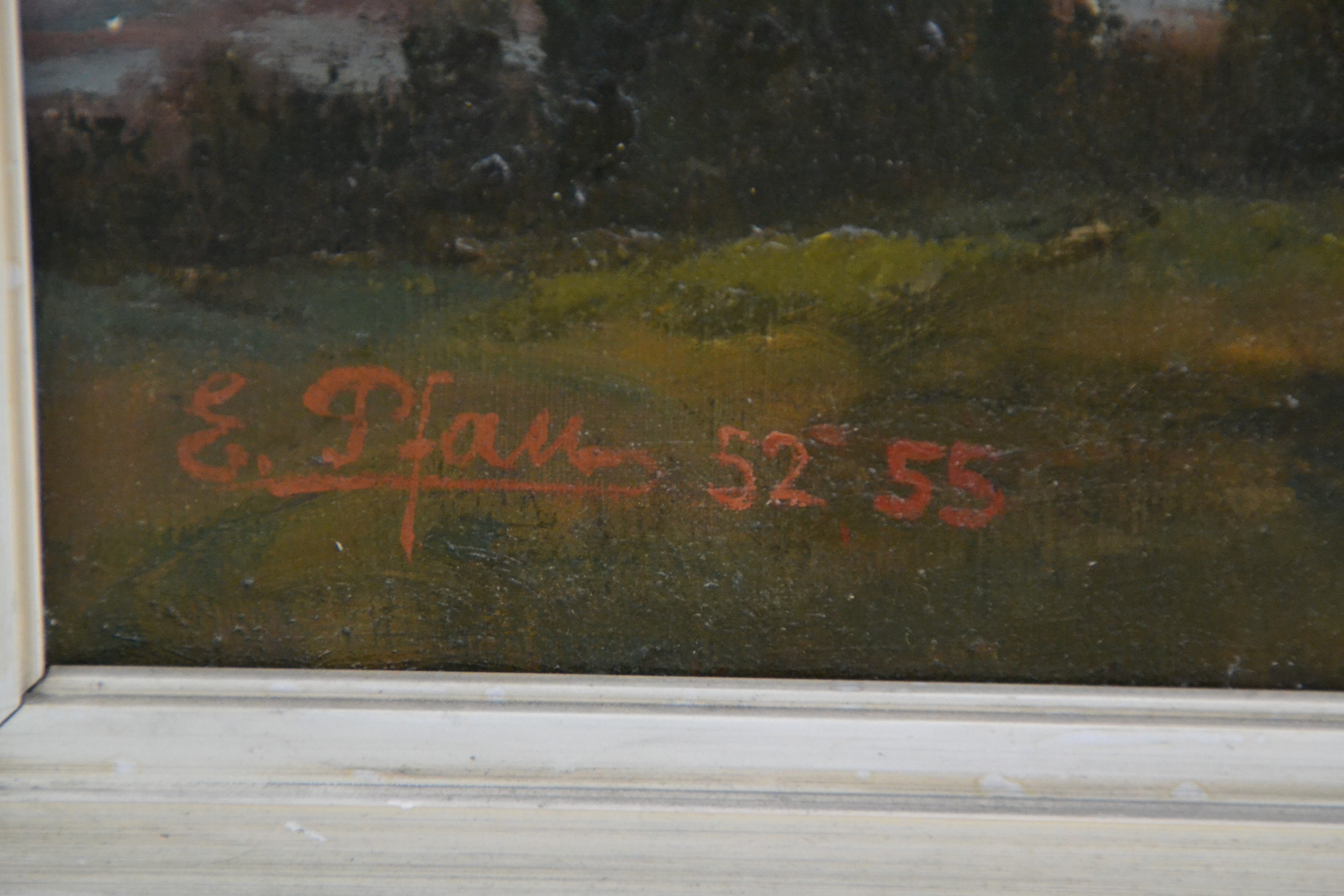Detail a: Ernst Pfau, 1879 Bad Wimpfen-1965 Bad Dürkheim, atmosphärische Landschaft mit Blick auf die Limburg, links unten signiert und datiert 1952/55, ...