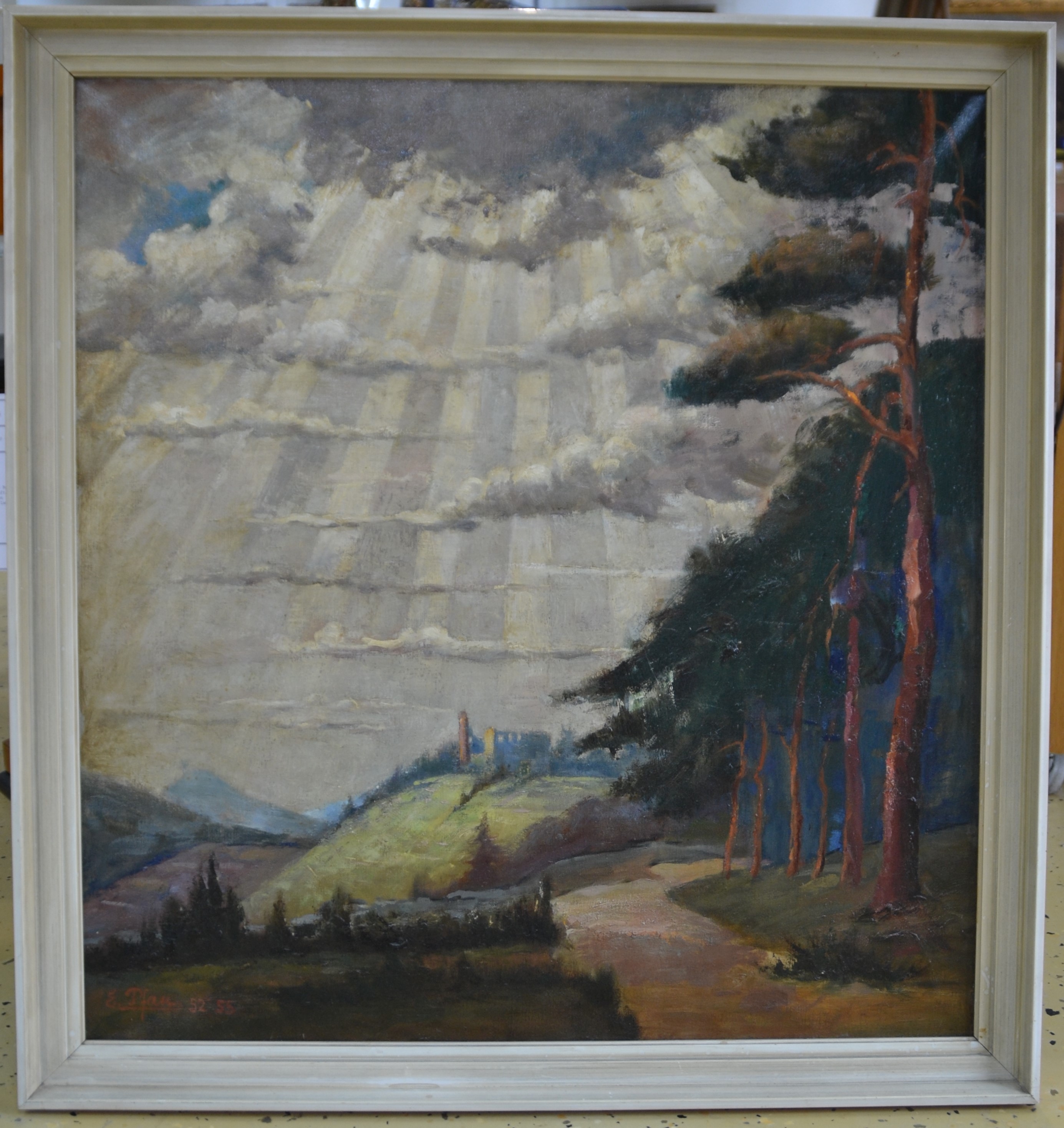 Detail b: Ernst Pfau, 1879 Bad Wimpfen-1965 Bad Dürkheim, atmosphärische Landschaft mit Blick auf die Limburg, links unten signiert und datiert 1952/55, ...