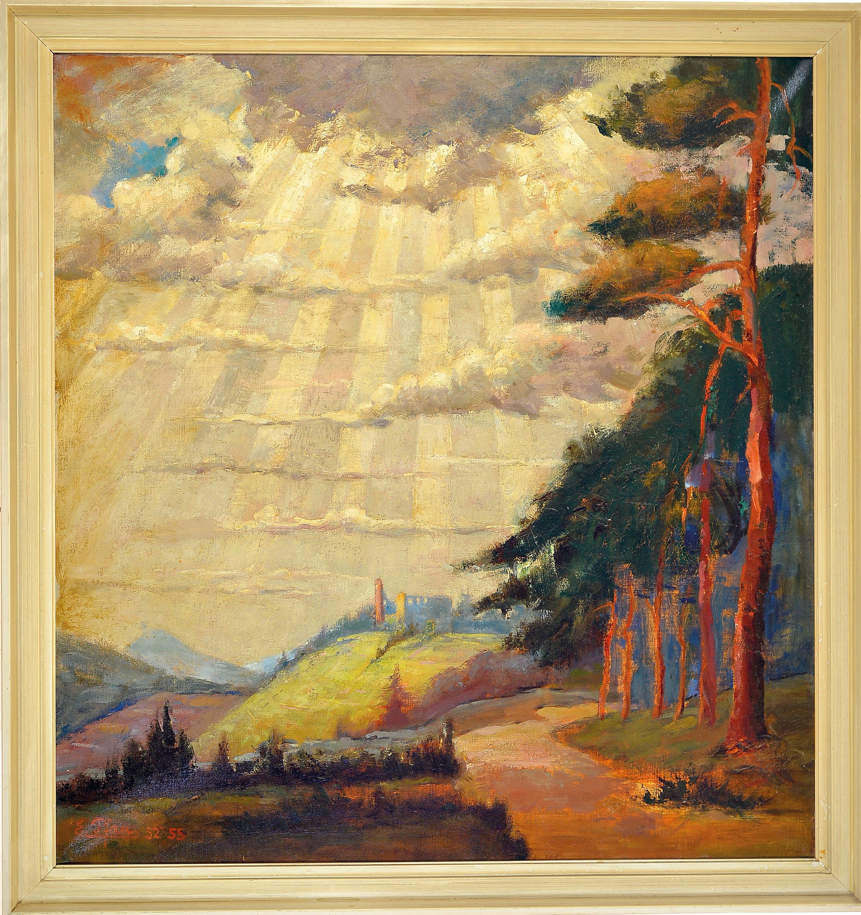 Detail k: Ernst Pfau, 1879 Bad Wimpfen-1965 Bad Dürkheim, atmosphärische Landschaft mit Blick auf die Limburg, links unten signiert und datiert 1952/55, ...