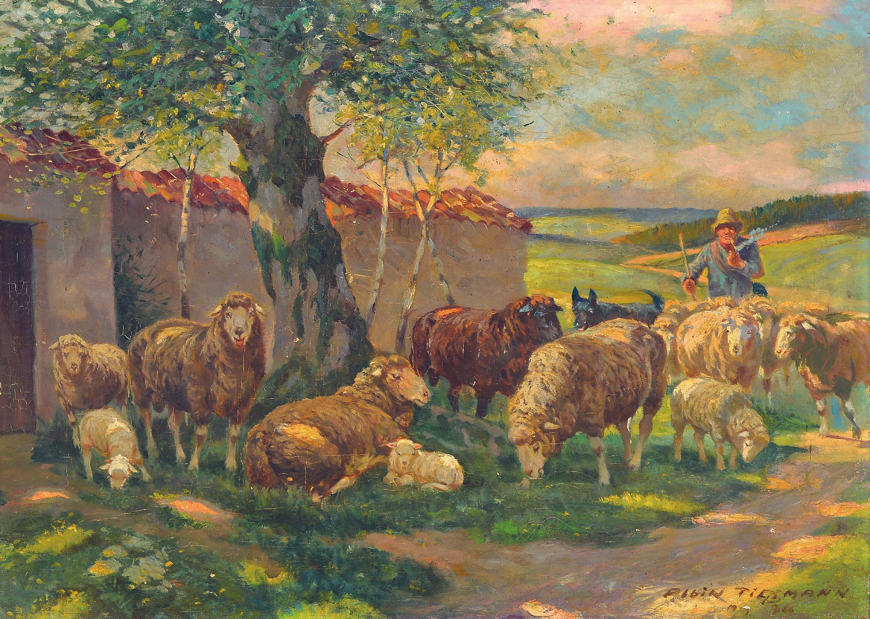 Image 27057491 - Albin Tippmann, 1871 Wurzen-1952 München, Hirte mit Schafherde im Schatten eines ...