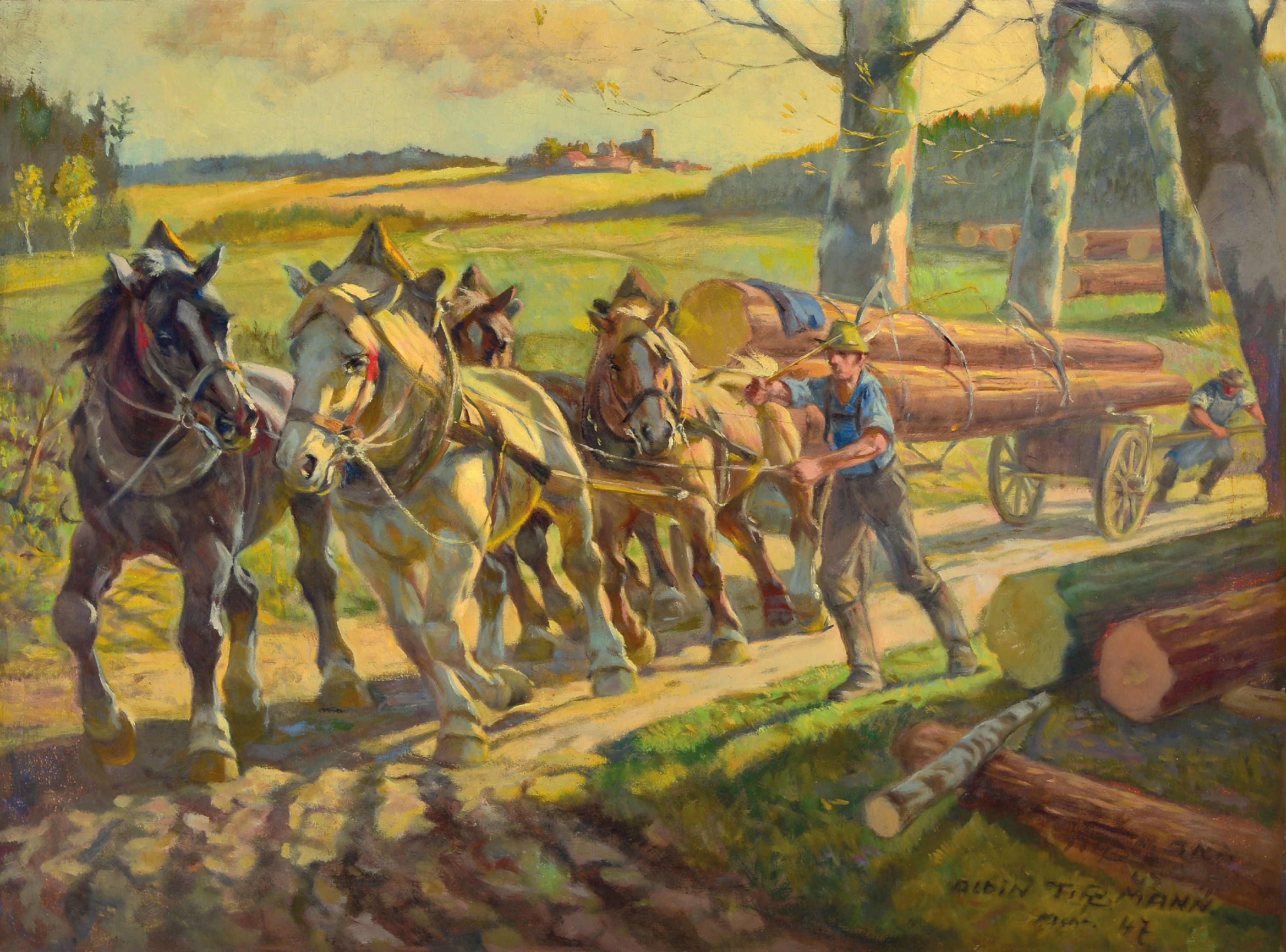 Image 27057492 - Albin Tippmann, 1871 Wurzen-1952 München, Gespann aus 4 Pferden beim Holzrücken mit ...