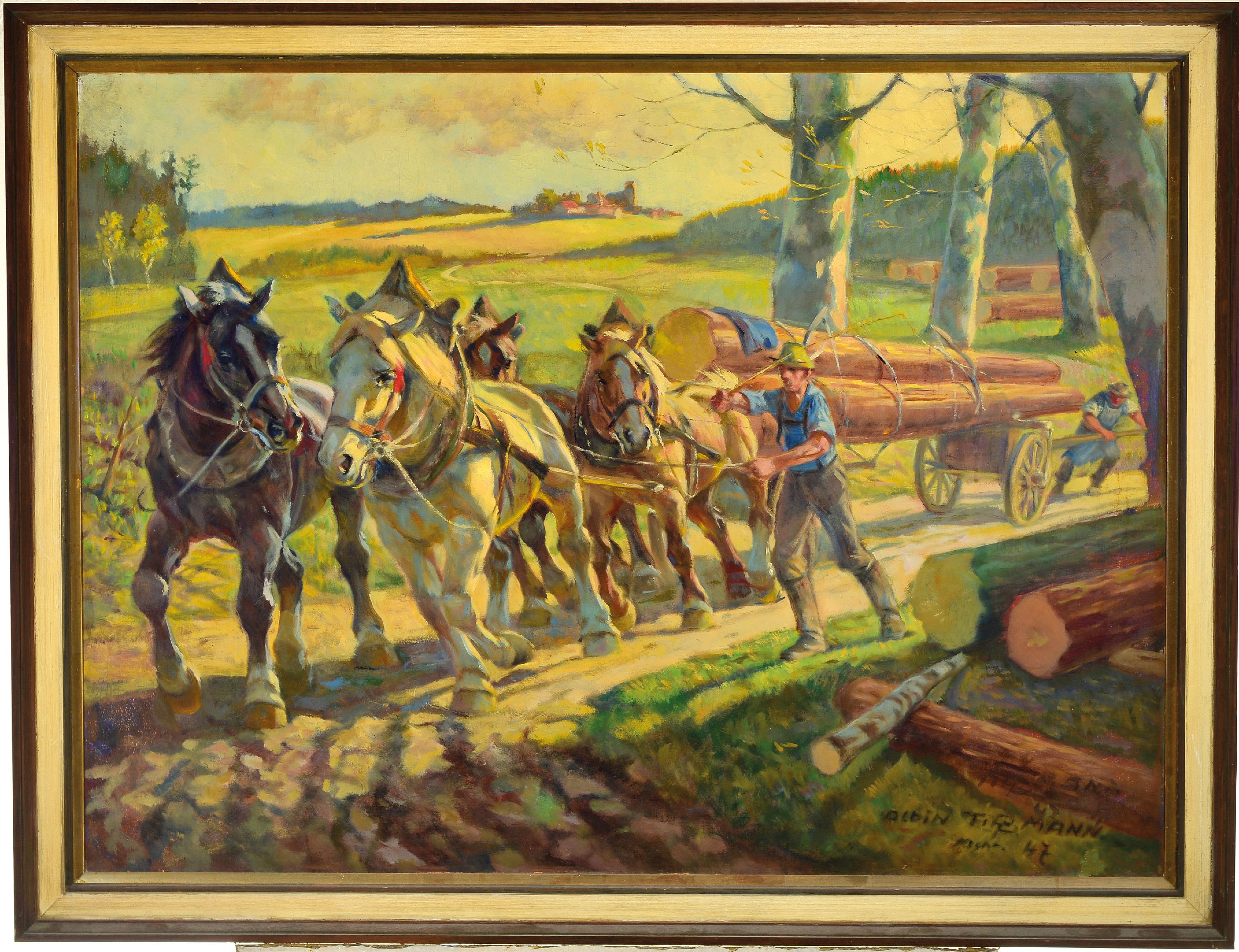 Detail k: Albin Tippmann, 1871 Wurzen-1952 München, Gespann aus 4 Pferden beim Holzrücken mit zwei Bauern, eingebettet in Landschaft mit Burg, rechts unten ...