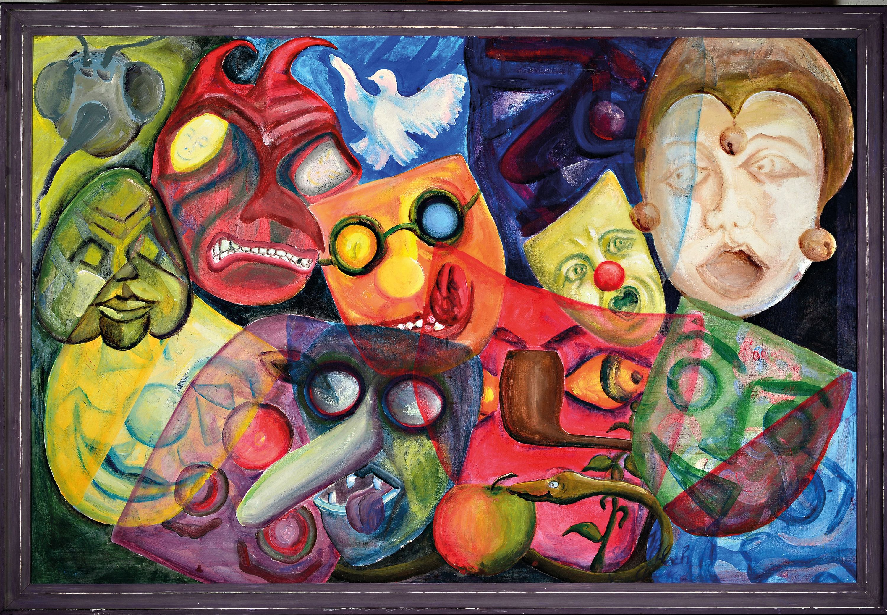 Detail k: Hermann-Josef Maibach, 1939-2015 St. Goarshausen, Komposition aus Masken, Öl/Lwd,unten signiert, Rahmen 90x128 cm
