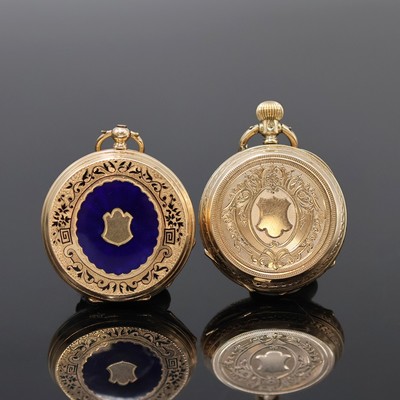 27057426a - 2 Offene Taschenuhren in GG 585/000, Schweiz um 1890/1910, 1x Schlüsselaufzug, teils ...
