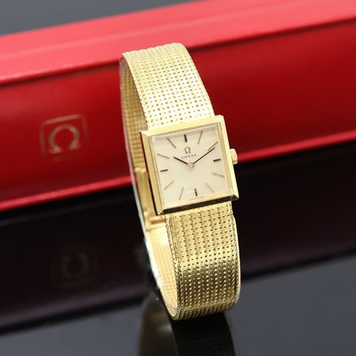 27057429b - OMEGA viereckige Armbanduhr in GG 750/000 Referenz 8068, Schweiz um 1968, Handaufzug, ...