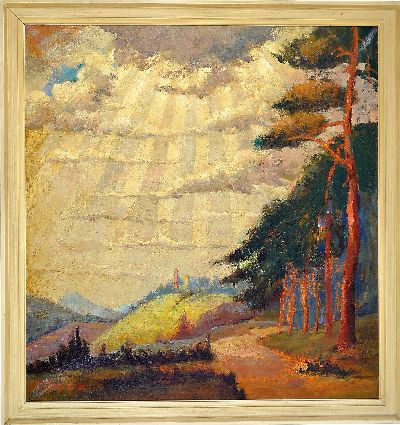 27057490k - Ernst Pfau, 1879 Bad Wimpfen-1965 Bad Dürkheim, atmosphärische Landschaft mit Blick ...