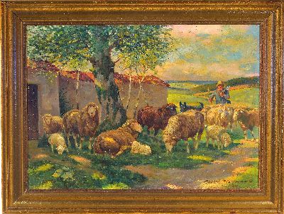 27057491k - Albin Tippmann, 1871 Wurzen-1952 München, Hirte mit Schafherde im Schatten eines ...