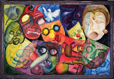 27057493k - Hermann-Josef Maibach, 1939-2015 St. Goarshausen, Komposition aus Masken, Öl/Lwd,unten ...