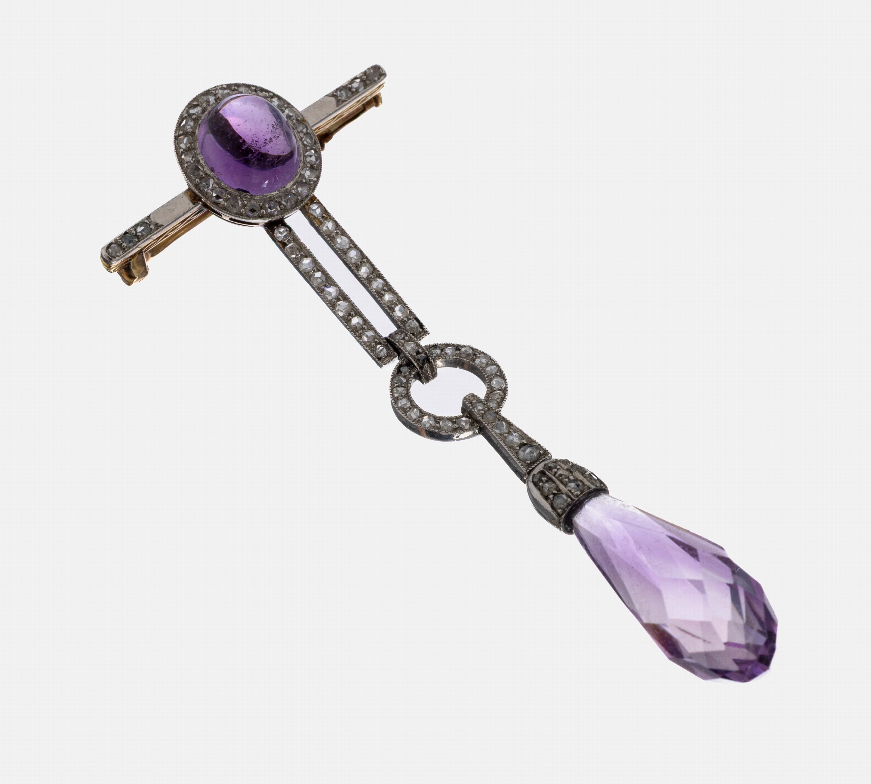 Image 27057500 - 14 kt Gold Amethyst-Diamant-Brosche, um 1900, GG 585/000 gepr., schauseitig Platin, ...