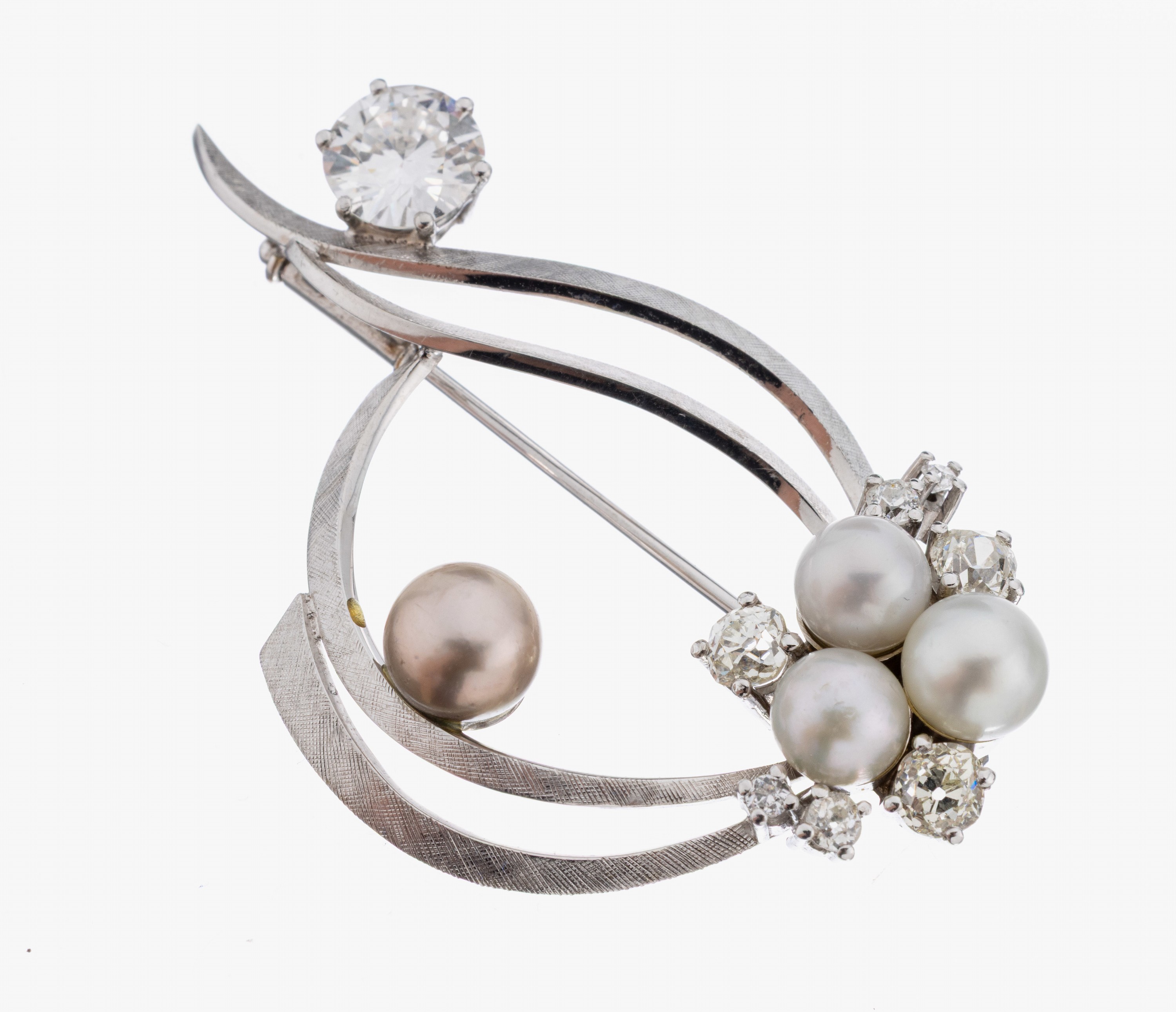 Image 27057502 - 18 kt Gold Perl-Diamant-Brosche, WG 750/000, geschwungene Gestaltung, 4 Zuchtperlen, D. ...