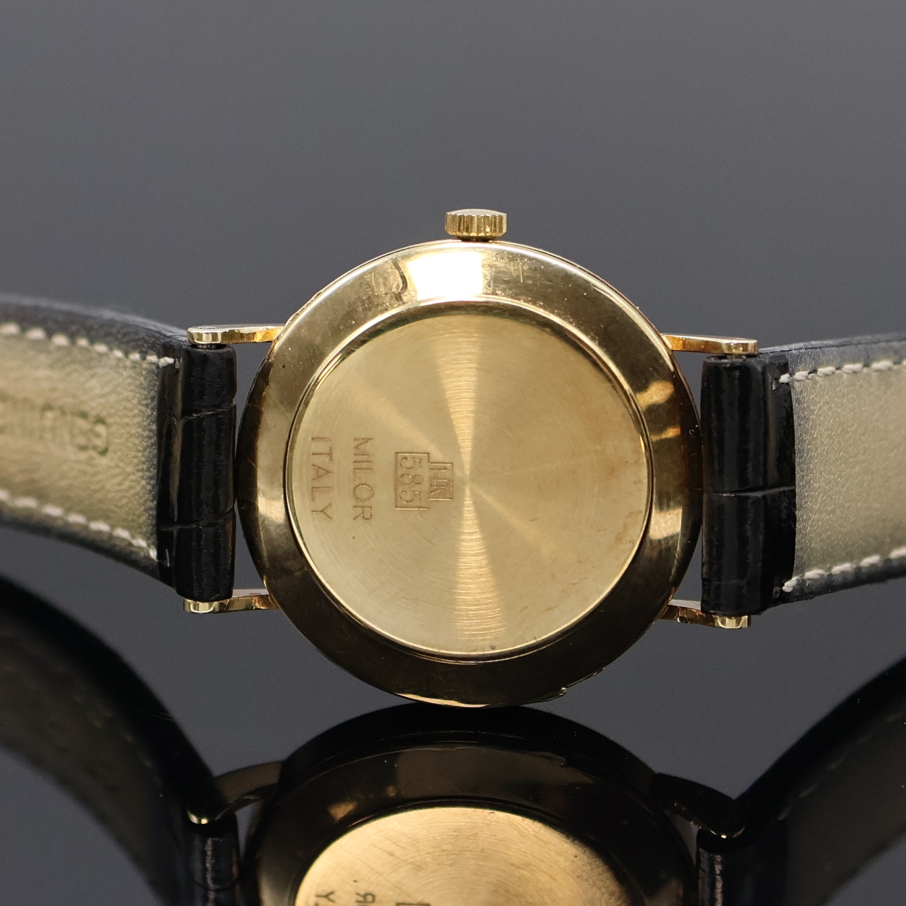 Detail d: VICENCE Milor Armbanduhr in GG 585/000, Schweiz um 2000, quarz, Boden aufgedr., champagnerfarb. Zifferbl. im Zentrum guill., röm. Zahlen, gold. ...