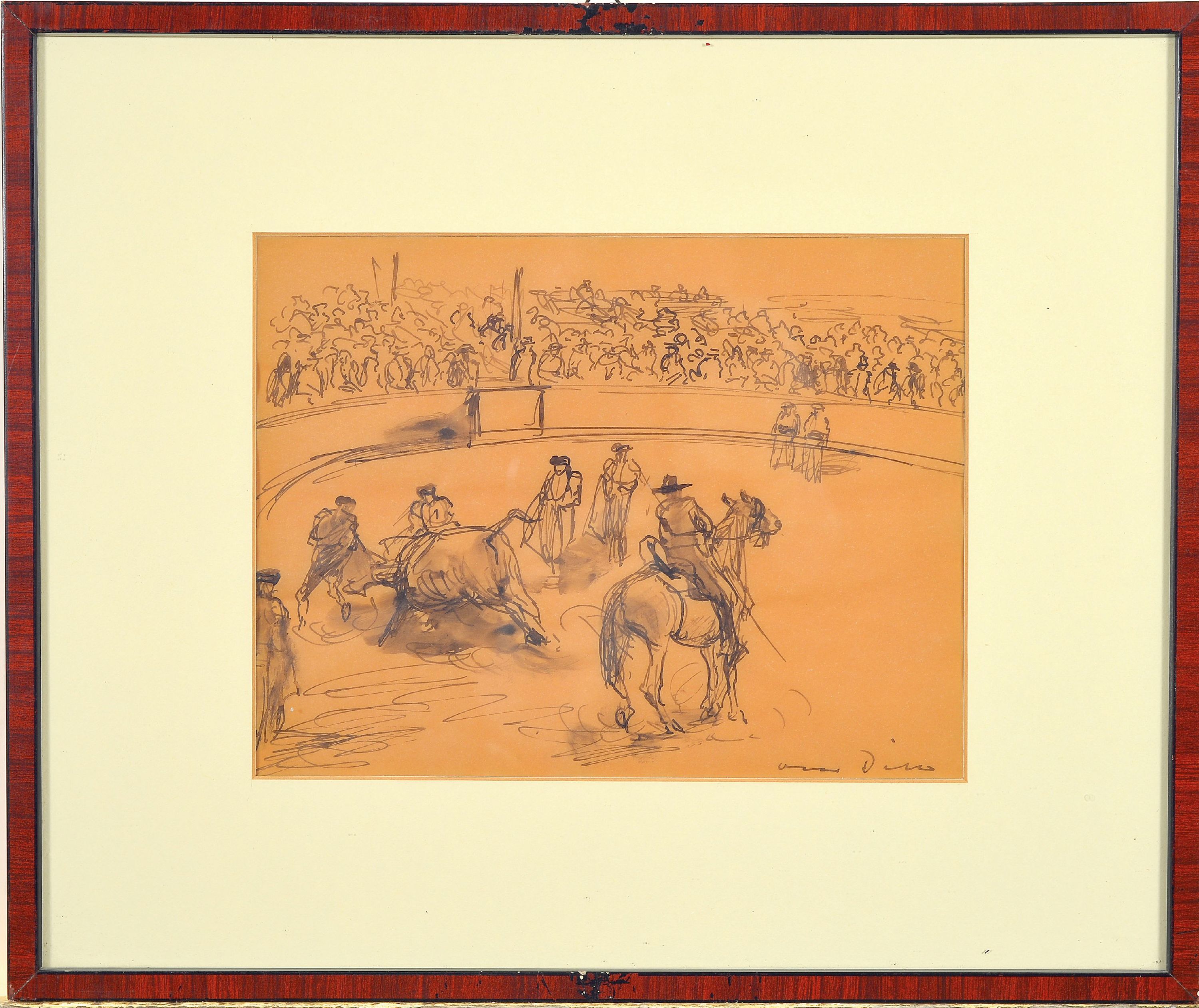Detail k: Otto Dill, 1884 Neustadt-1957 Bad Dürkheim, Zeichnung, Stierkampfarena, Tusche auf Pergamentersatz, rechts unten signiert, unter Glas gerahmt 30x36 ...