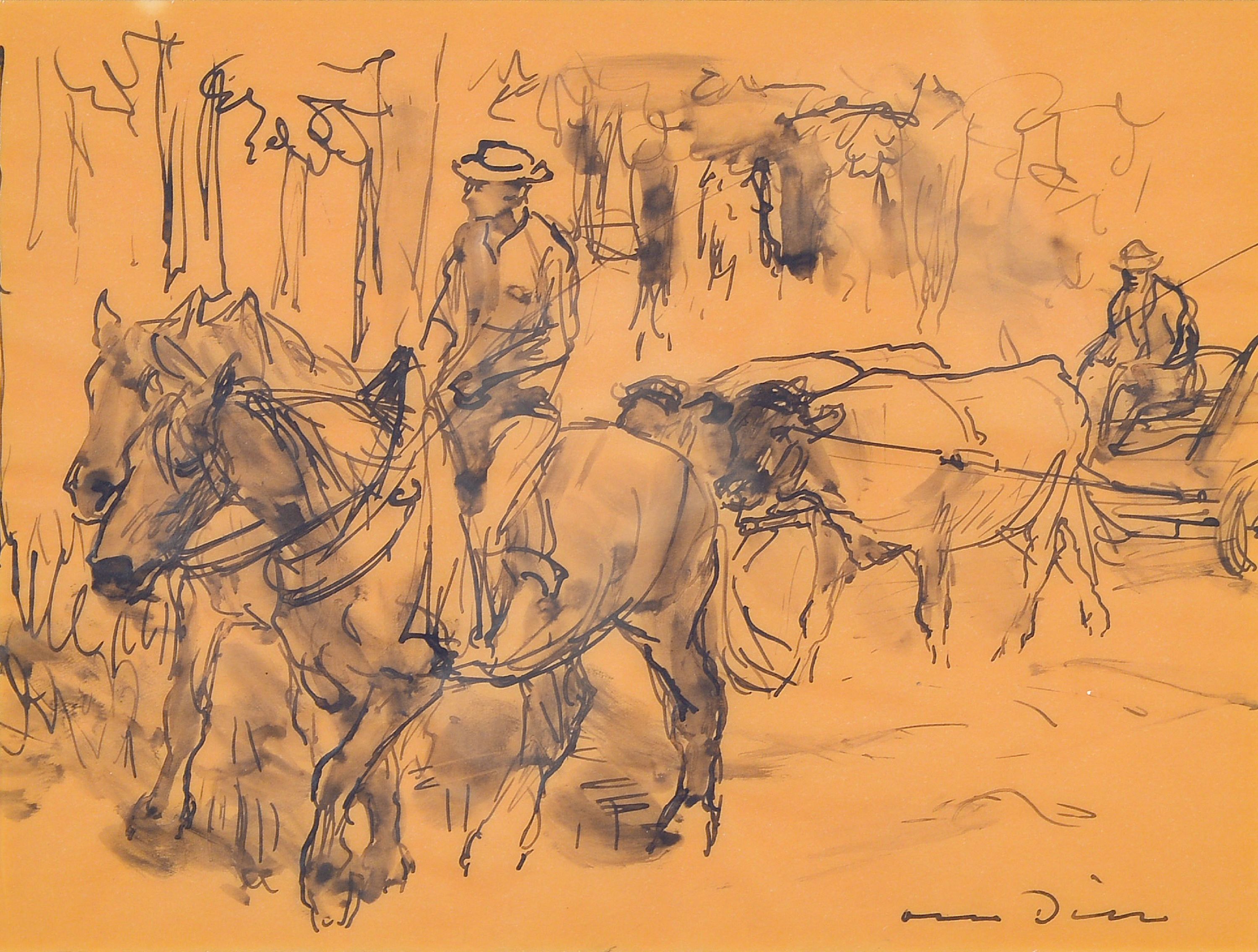 Image 27057845 - Otto Dill, 1884 Neustadt-1957 Bad Dürkheim, Zeichnung, Rinderfuhrwerk und Reiter mit ...