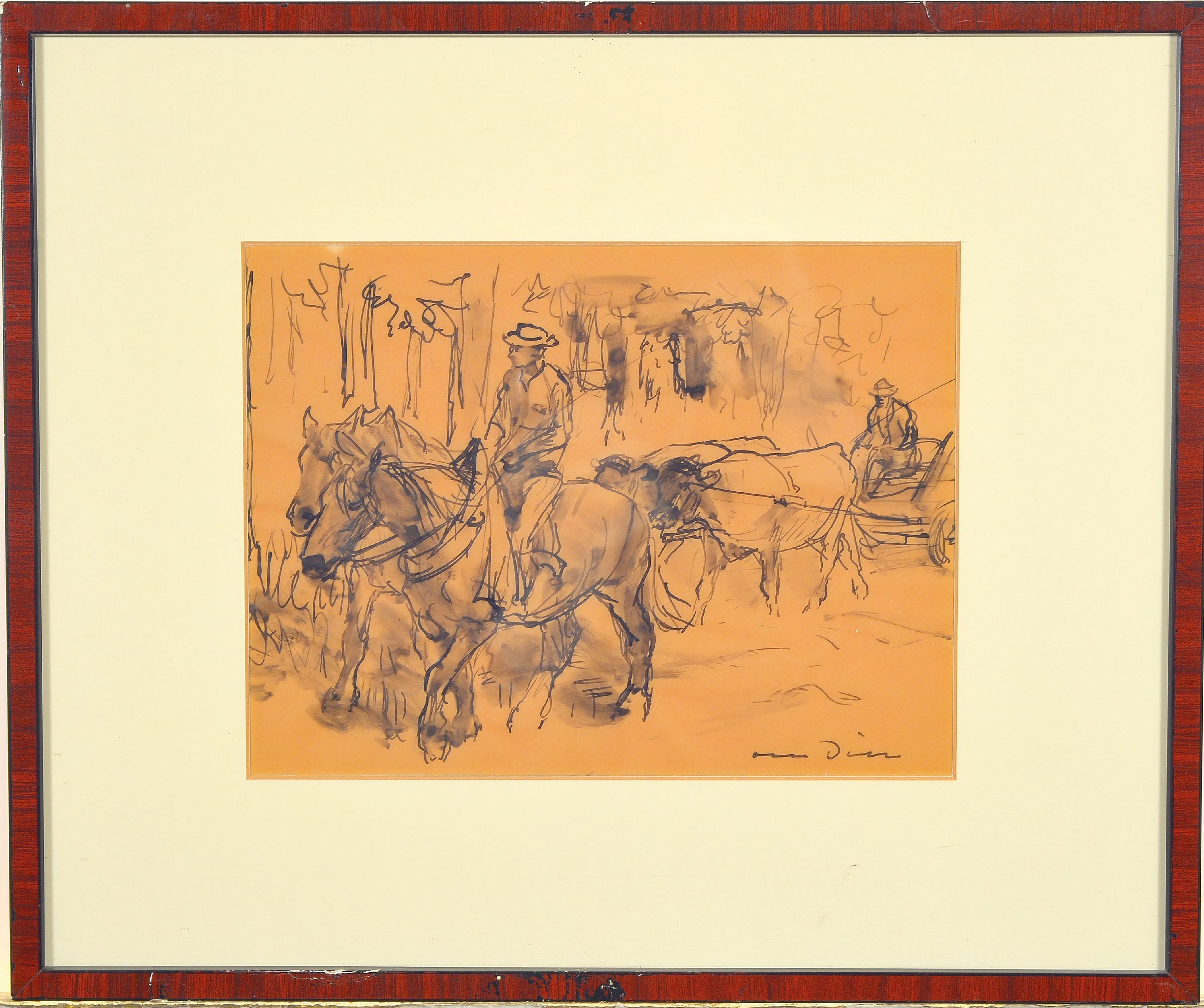 Detail k: Otto Dill, 1884 Neustadt-1957 Bad Dürkheim, Zeichnung, Rinderfuhrwerk und Reiter mit zwei Pferden, Tusche auf Pergamentersatz, rechts unten ...